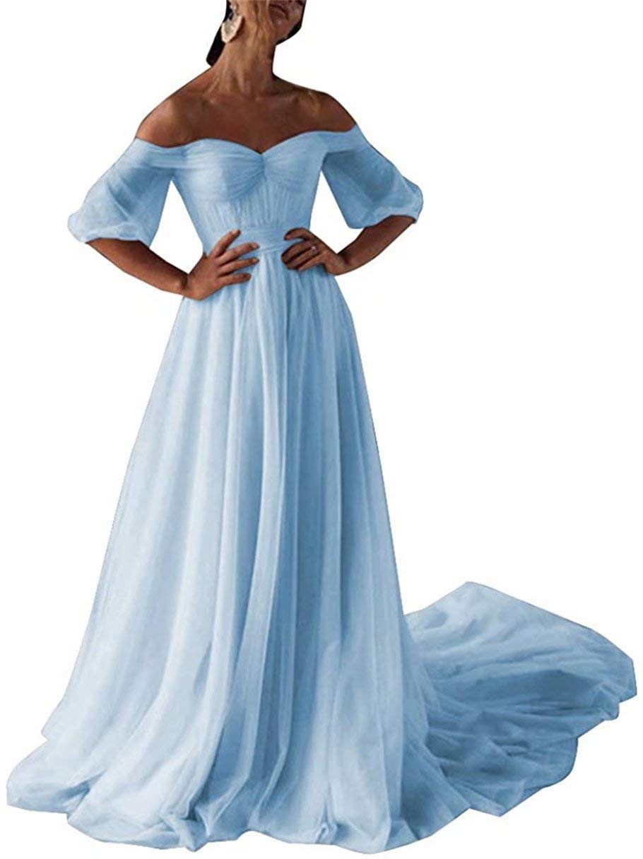Elegant Off-Shoulder Puffy Sleeves Tulle Princess Prom Dress for Quinceañera, Ball Gown & Birthday Party - Perfect for Sweet 16, Homecoming, and Formal Events