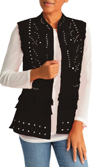 BEREK Women's Fashion Fringe Mirror Lightweight Vest Jacket - Stylish Boho Outerwear for Casual Outings, Music Festivals & Night Out