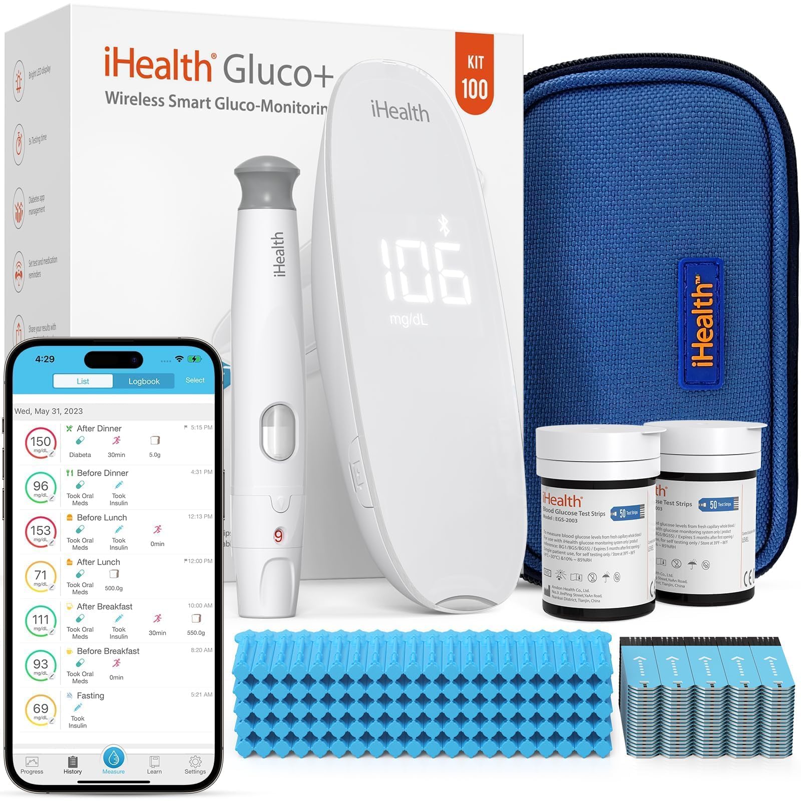 iHealth Gluco+ Wireless Smart Blood Glucose Monitor Kit - 100 Test Strips & Lancets - Bluetooth Diabetes Testing Meter with Mobile App - Home & Travel Use for Type 1 & 2 Diabetics