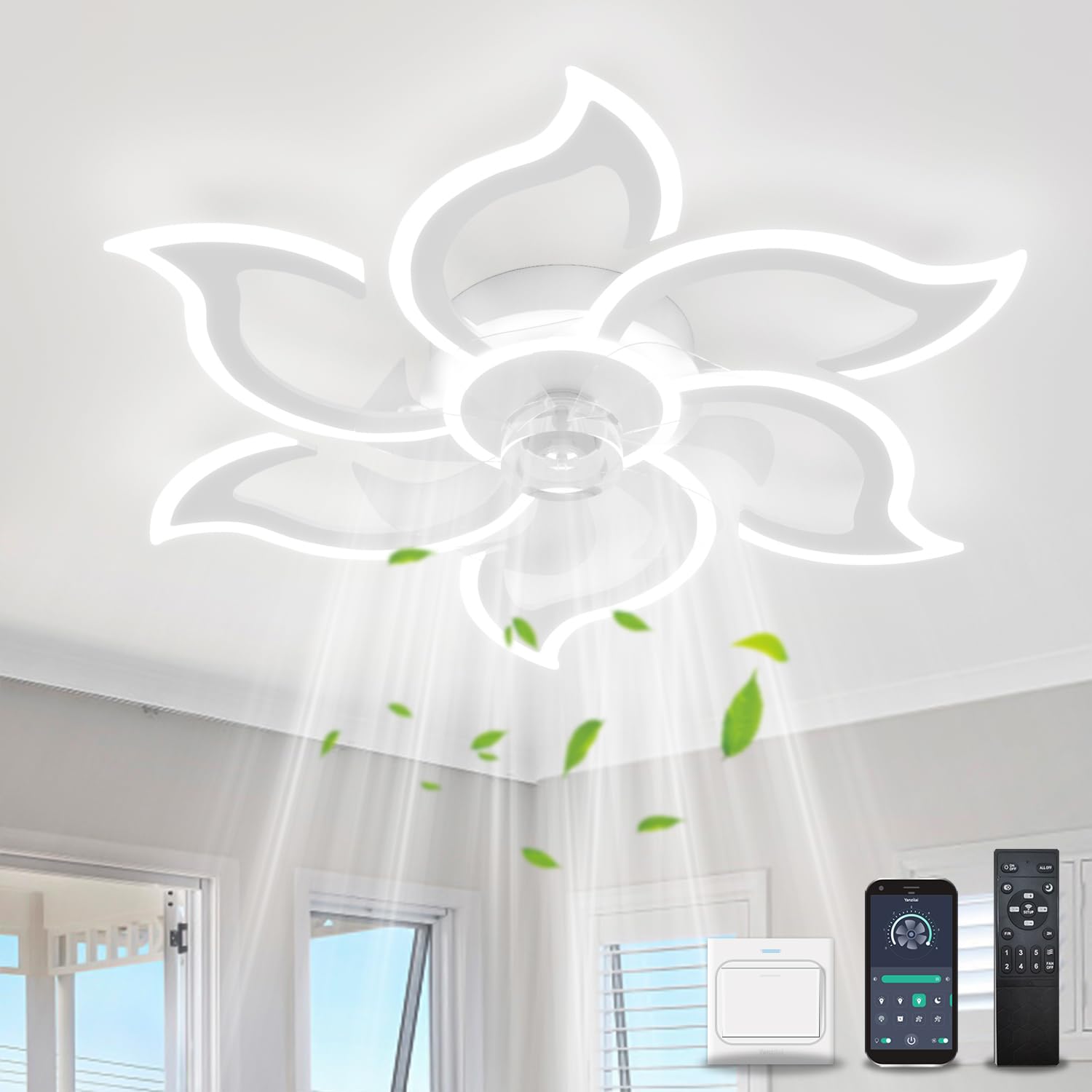 YOLEDY Smart Ceiling Fan with Light - Remote Control, 6-Speed Reversible DC Motor, Dimmable Flower Design, Timer Function - Perfect for Bedroom, Living Room & Office (White)