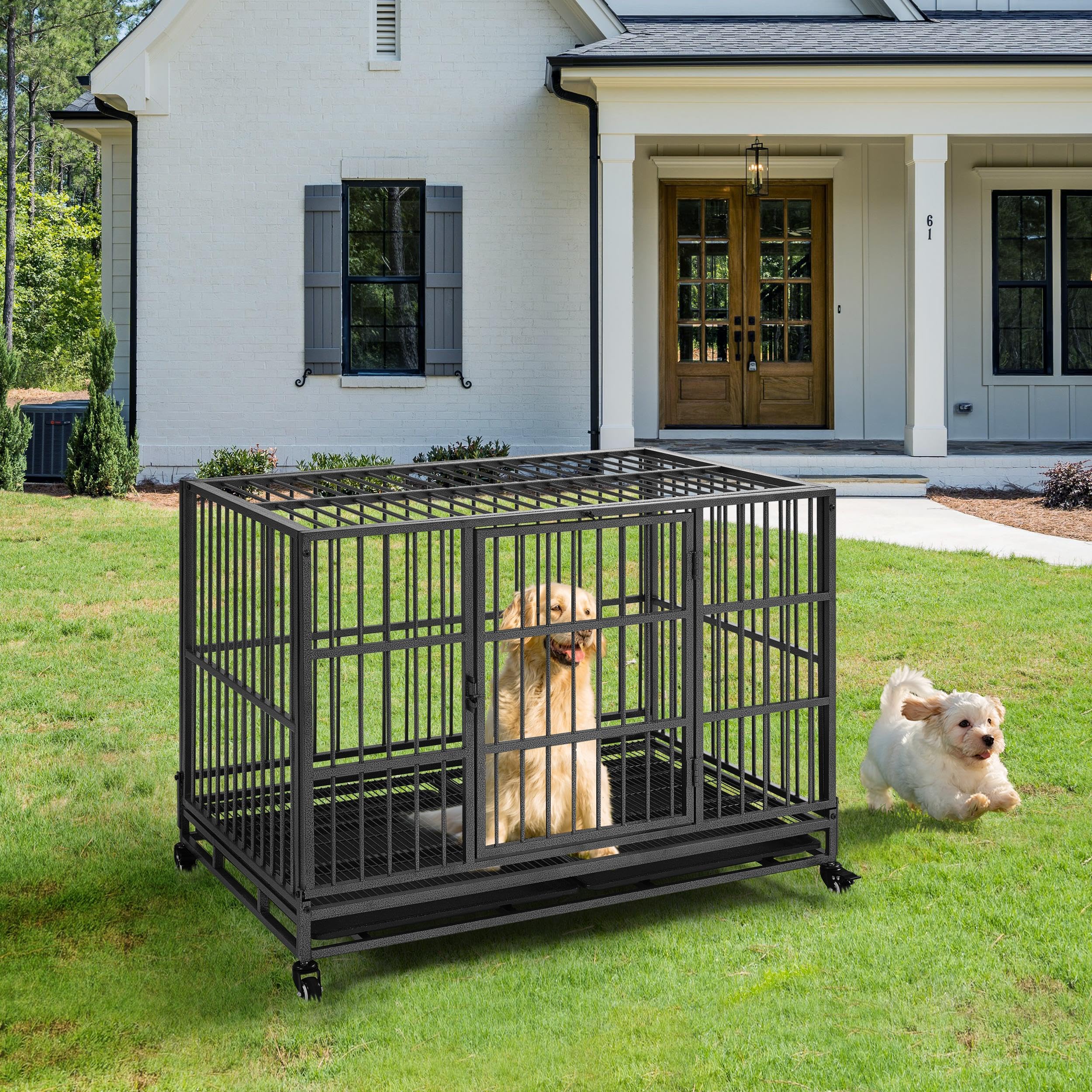 Yaheetech 42 Inch Heavy Duty Dog Crate - Large Indestructible Pet Kennel with 2 Doors, Lockable Wheels & Removable Tray - Indoor Outdoor Use for Dogs, Puppies, Cats - Perfect for Home, Travel, Vet Visits (42
