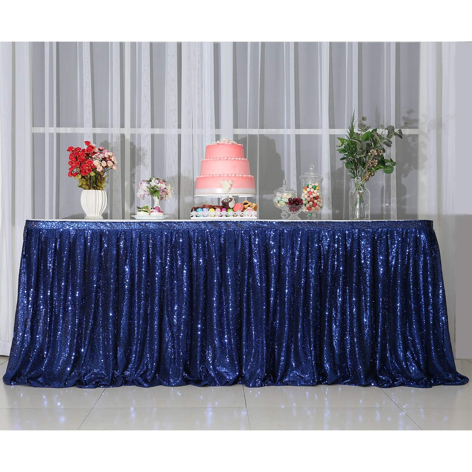 6ft x 30in Deep Blue Sequin Table Skirt - Sparkly Draped Table Cover for Birthday Parties, Baby Showers, Weddings & Events | Perfect for Dessert Tables, Cake Tables & Exhibition Receptions
