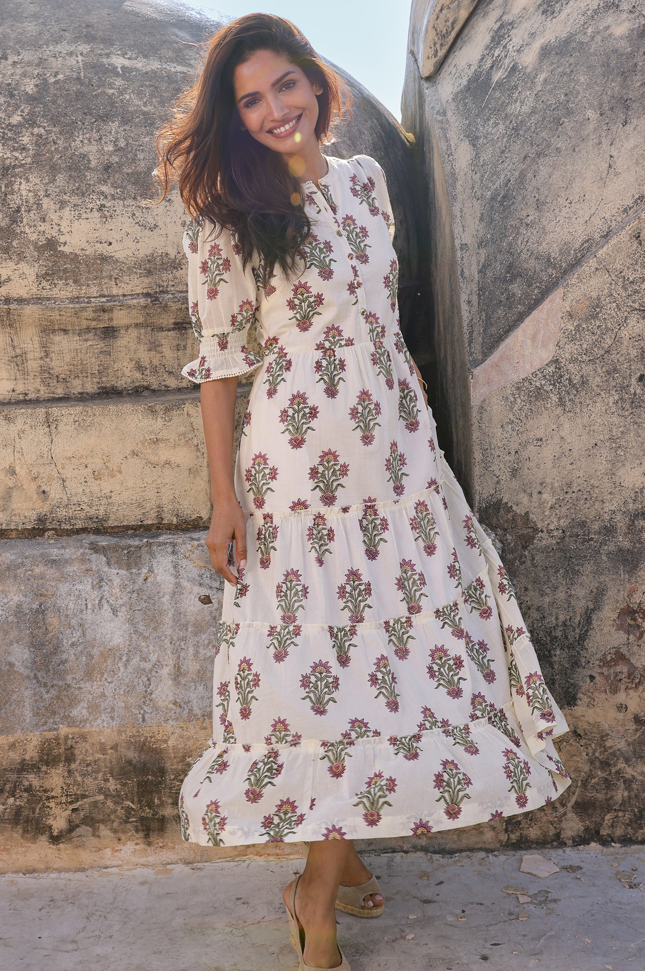 Organic Cotton Block Print Dress - Cordelia Vintage Wildflower Floral Dress in Cream, Red & Green | Boho Chic Summer Dress for Women, Beach Vacation & Casual Outings