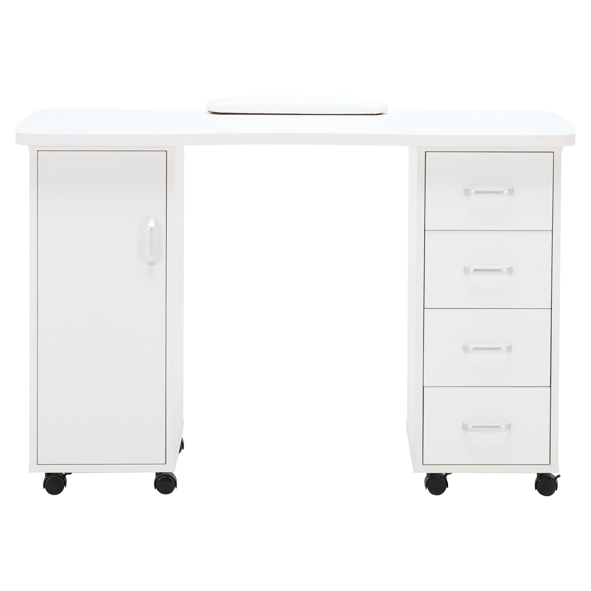 Professional Manicure Table for Nail Technicians - Acetone-Resistant Nail Salon Desk with 4 Drawers, 2 Storage Cabinets & Lockable Wheels - Ergonomic Wrist Pad - Perfect for Beauty Salons, Nail Studios & Home Spa Use