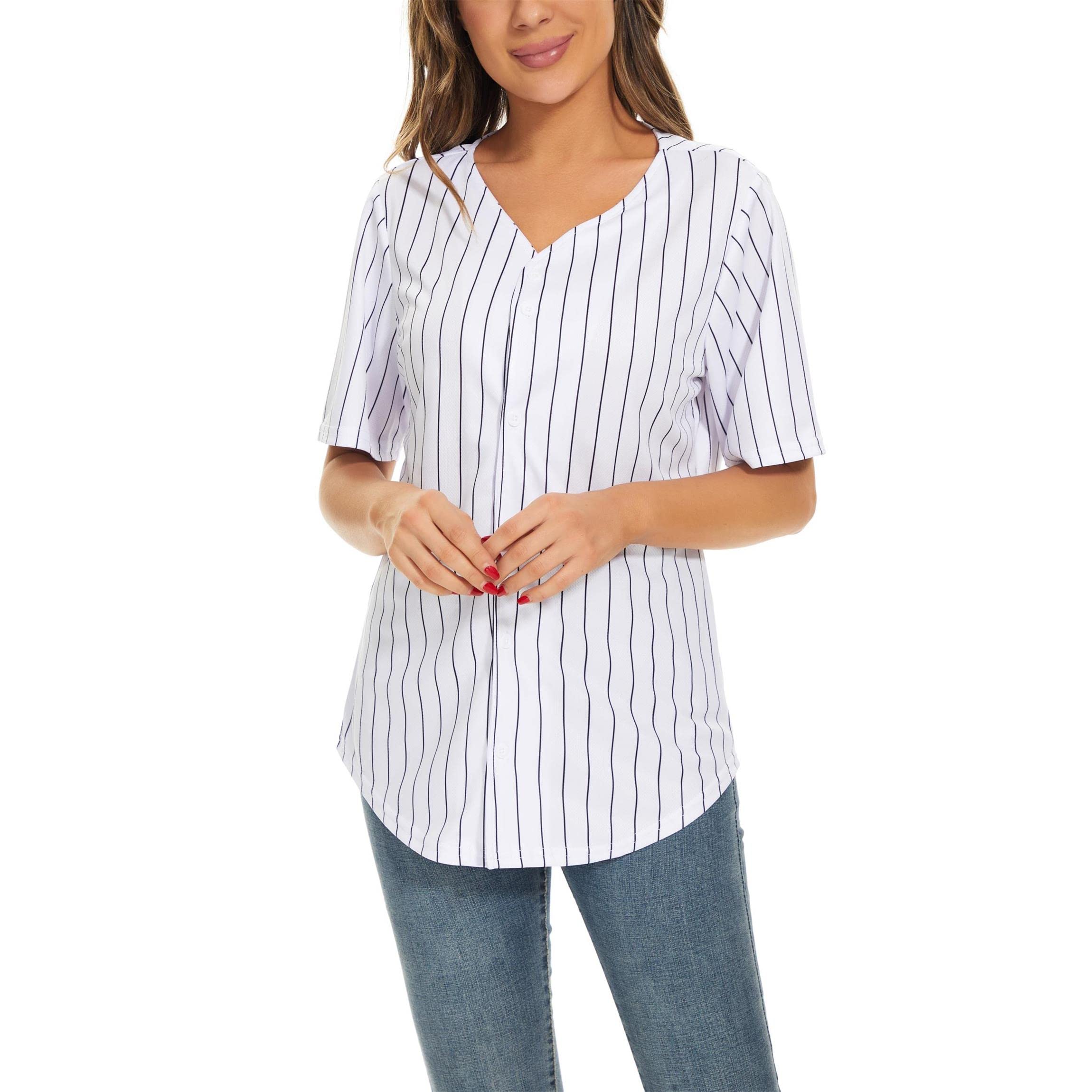 Women's Baseball Jerseys - Blank Button Down V-Neck Softball Team Uniform with Wide Stripes | Fashionable Short Sleeve Top for Casual Wear, Sports Games & Team Events