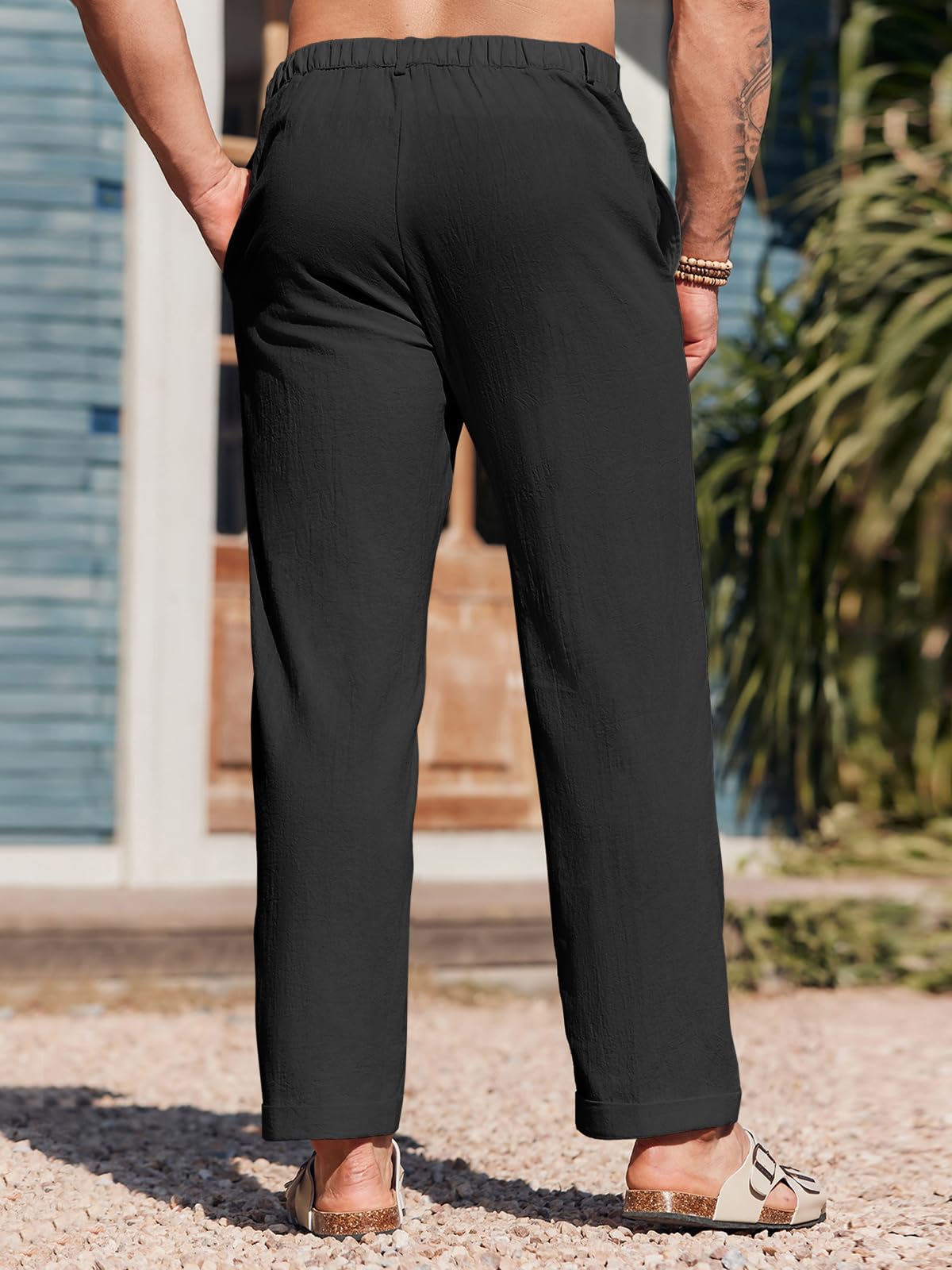 **Runcati Men's Cotton Linen Pants - Elastic Waist, Lightweight & Breathable, Loose Fit Casual Pants for Beach, Yoga, Travel & Lounge Wear**