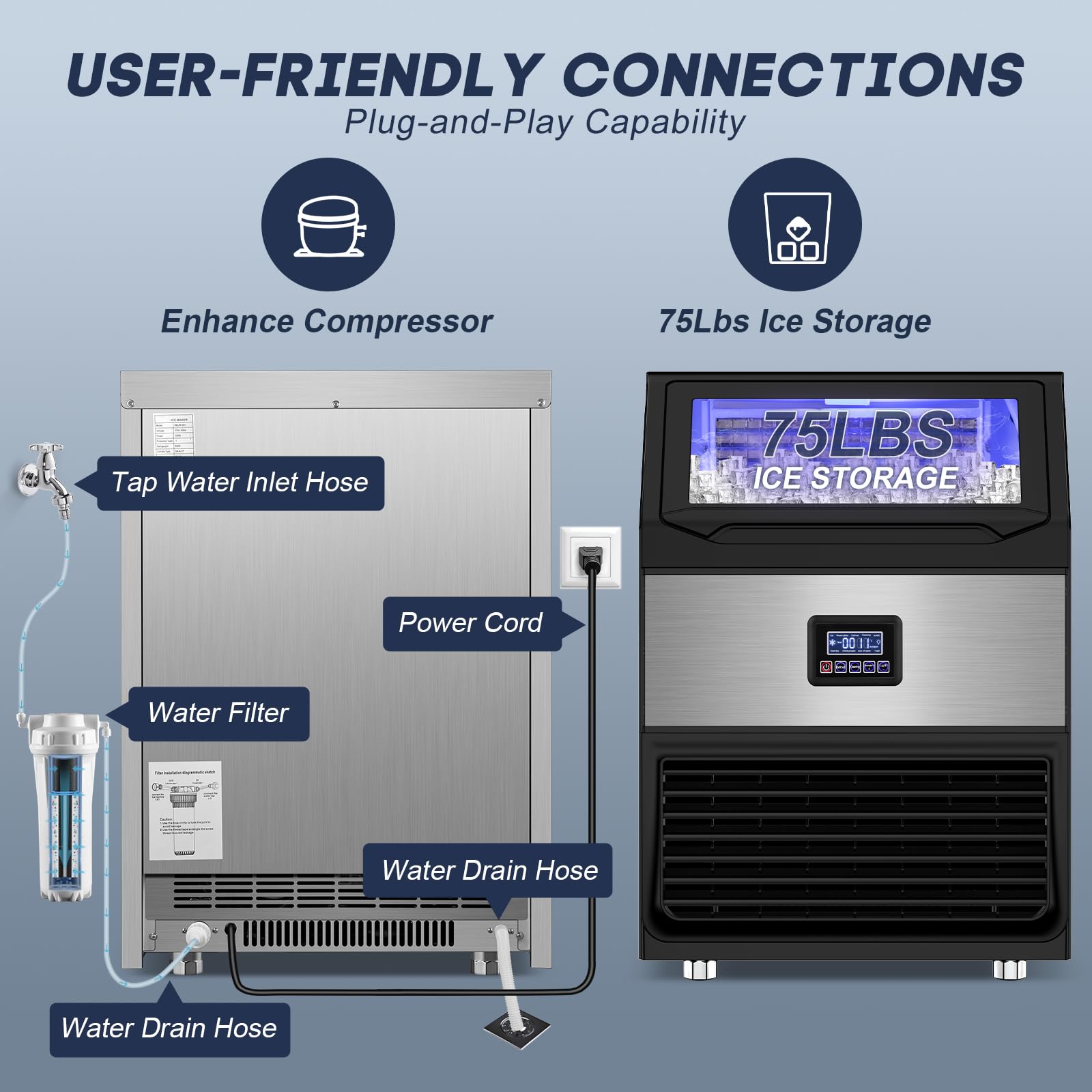 Commercial Ice Maker Machine 300LBS/24H with 75LBS Storage Bin - Stainless Steel Undercounter & Freestanding Ice Maker for Home Bar, Restaurant, Outdoor Use - Produces 108 Ice Cubes per Cycle - Self-Cleaning - Perfect for Parties, Cafes, and Commercial Kitchens