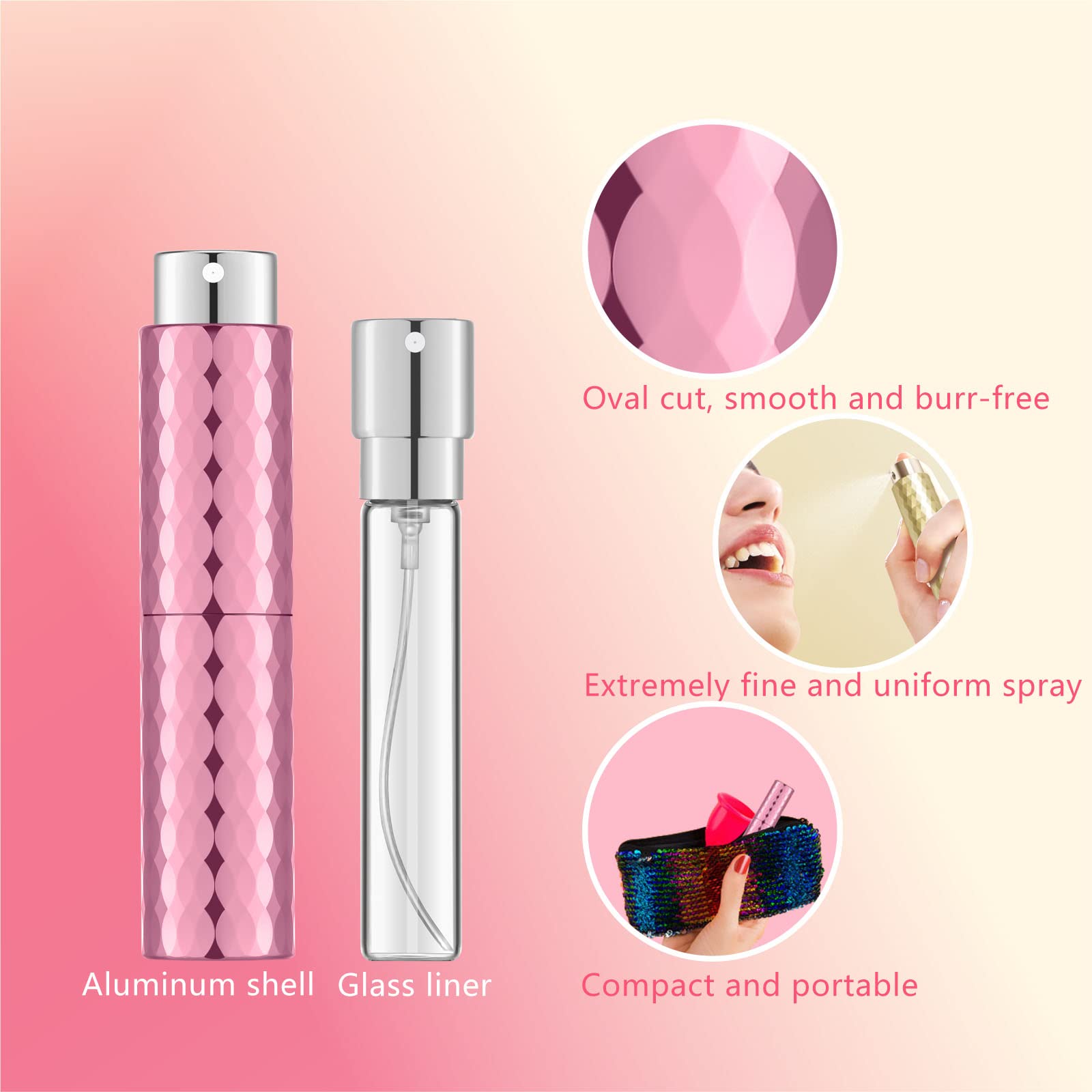 KOIBITO 4PCS/8ml Perfume Spray Bottle Set - Mini Empty Fine Mist Atomizer, Rotary Cologne Dispenser for Men & Women (Black/Gold/Silver/Pink) | Travel, Gym & Purse Essential