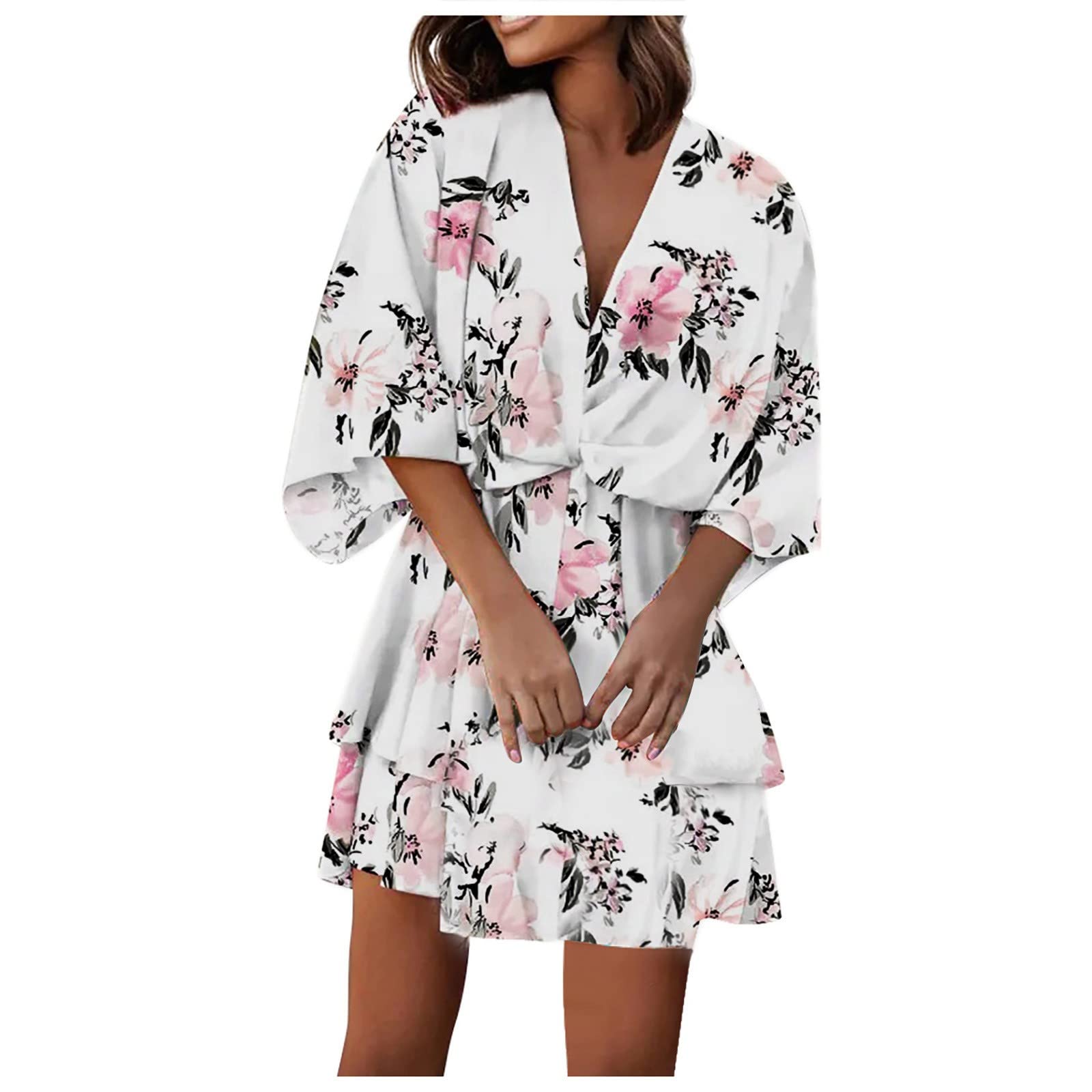 Women's Floral Print Mini Dress with V-Neck & Cinched Waist - Plus Size Short Sleeve Summer Dress for Casual Outings, Beach Vacations & Date Nights