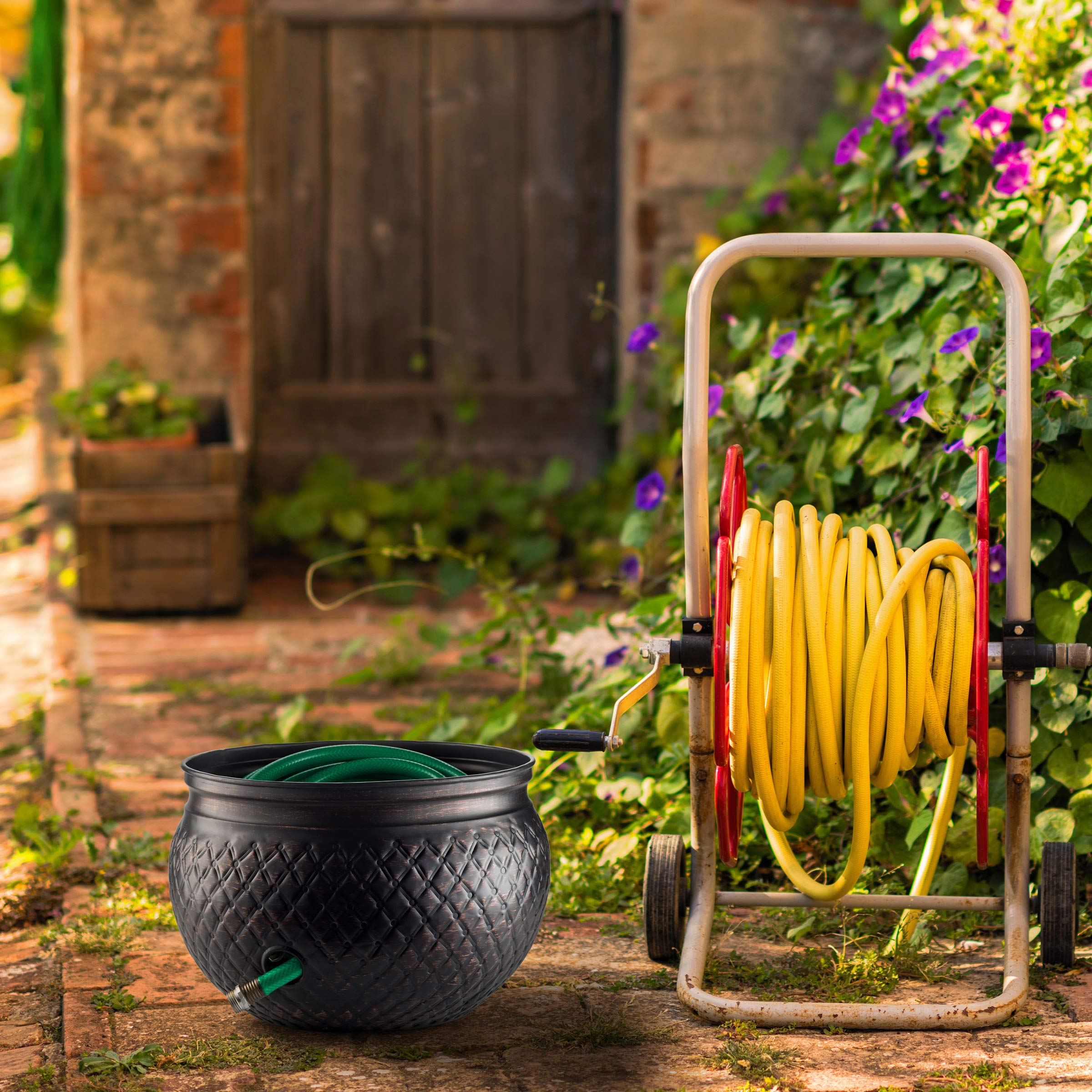 LifeSmart Garden Hose Pot Storage Holder with Lid - 16 x 12 Inch Outdoor Organizer for Hoses, Tools & Accessories - Rust-Resistant Copper Accents - Perfect for Patio, Yard & Garden Storage