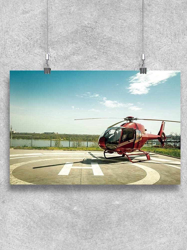 Red Helicopter Parked Poster - High-Quality Aviation Wall Art for Home & Office Decor - Perfect for Living Rooms, Bedrooms, and Man Caves