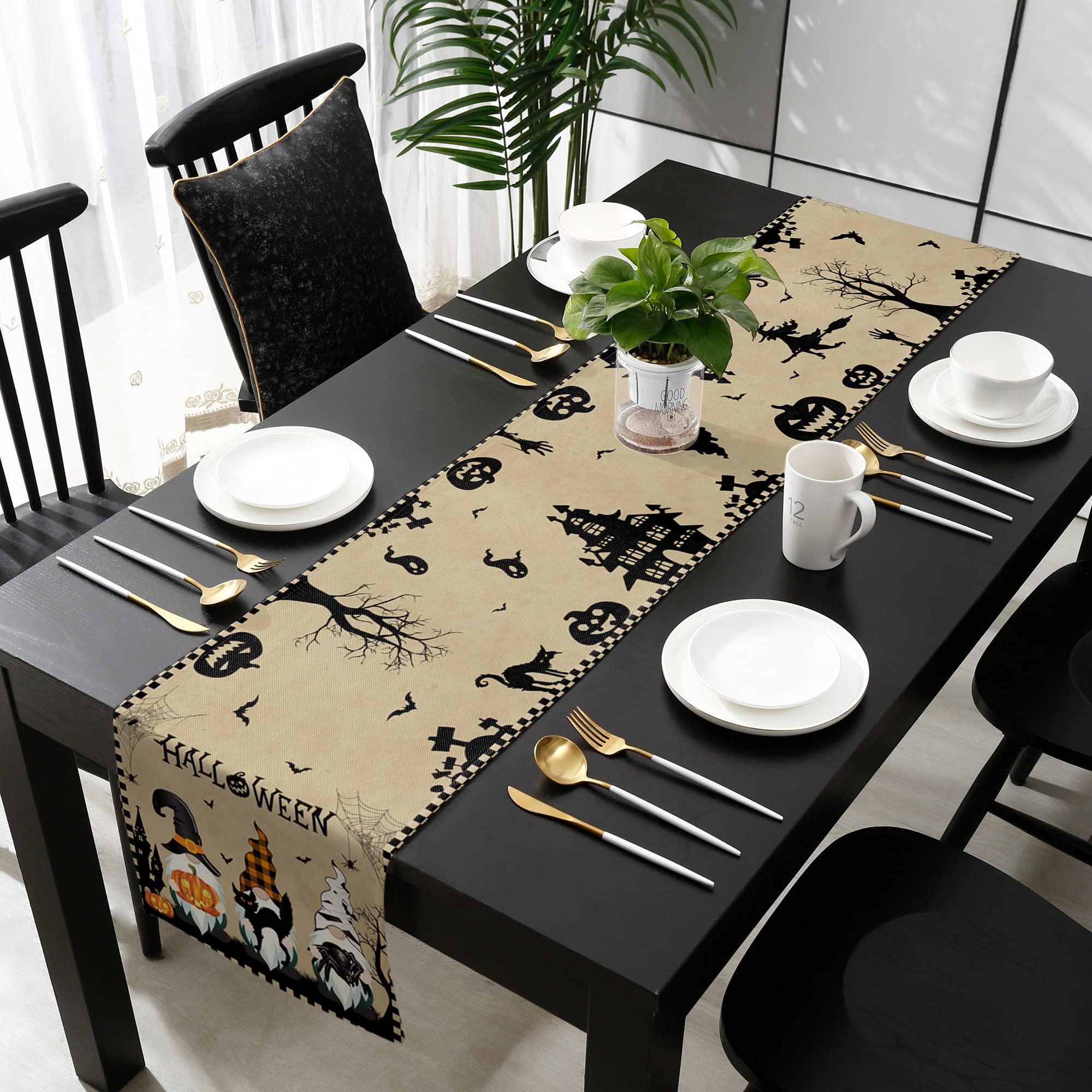 Halloween Burlap Table Runner 72 Inches - Scary Haunted House Design with Witches, Gnomes, Pumpkins, Black Cats & Bats - Perfect for Kitchen, Dining, Coffee Tables, and Holiday Party Decorations