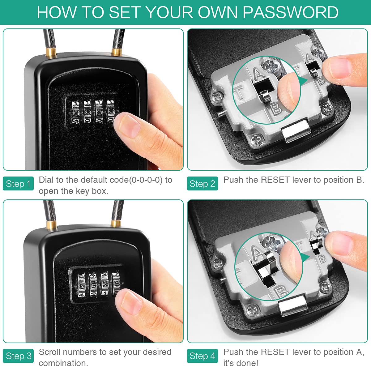 ORIA 4 Digit Combination Key Lock Box - Secure Key Safe with Removable Chain for Home, Office, Garage & Outdoor Use - Weatherproof Black Key Storage Box for Spare Keys, Airbnb, Vacation Rentals & Property Management