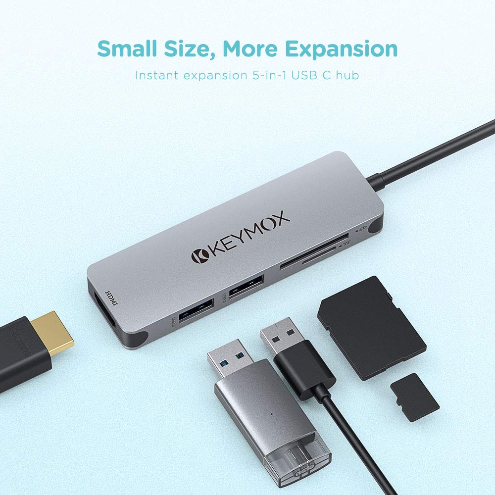 Keymox 5-in-1 USB C Hub with HDMI, 2 USB 3.0 Ports, 4K HDMI Output, SD/TF Card Reader - Compatible with MacBook Pro/Air & Windows Laptops (Grey) - Perfect for Work, Travel & Home Office Connectivity