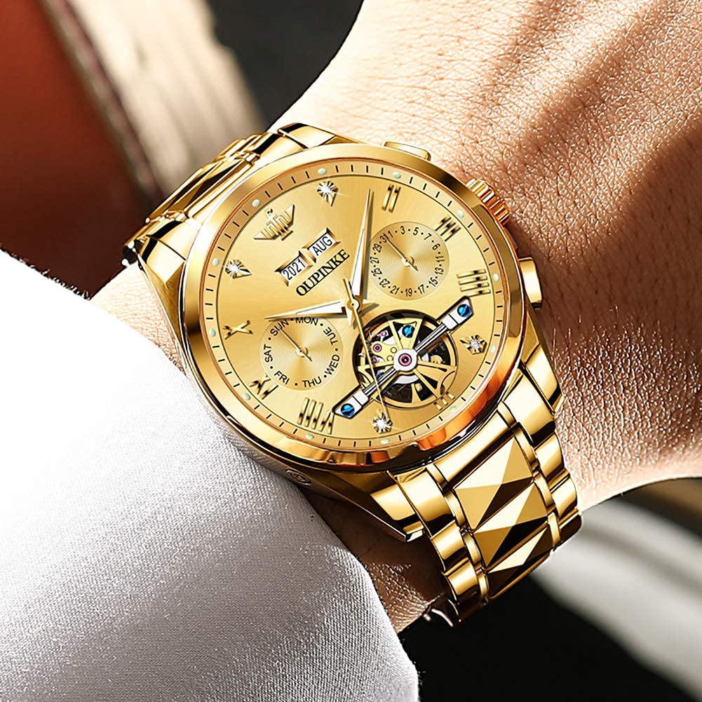 Luxury Men's Automatic Skeleton Watch with Diamond & Sapphire Crystal - Self Winding Mechanical Dress Watch - Tungsten Case - Perfect for Business, Formal Events & Gifts
