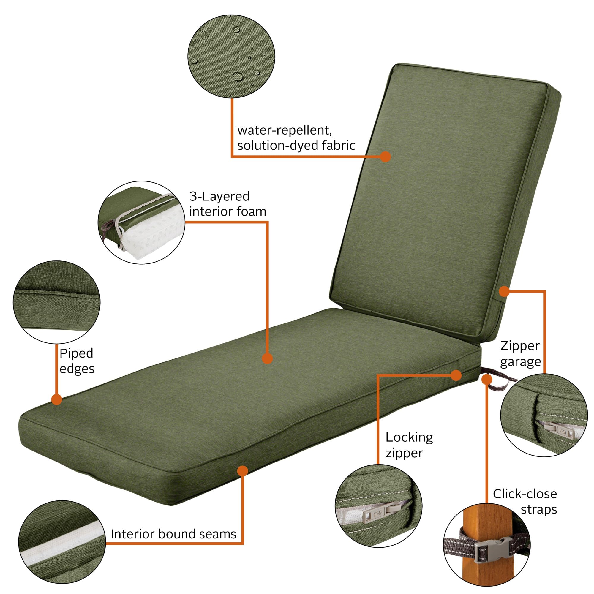 Classic Accessories Montlake Outdoor Chaise Lounge Cushion 80x26 - FadeSafe, Water-Repellent, Heather Fern - Perfect for Patio, Poolside & Garden Relaxation