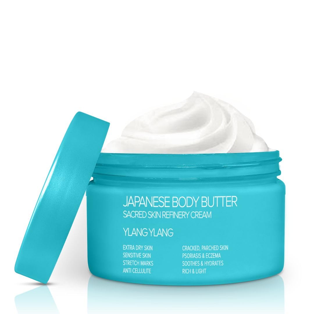 Japanese Onsen Body Butter for Women - Natural & Organic Shea Butter Moisturizer with Coconut Oil & Vitamin E - Skin Refining & Exfoliating Cream - 8.6 fl oz (255ml) - Ylang Ylang Scent - Perfect for Dry Skin Care & Spa Night Relaxation