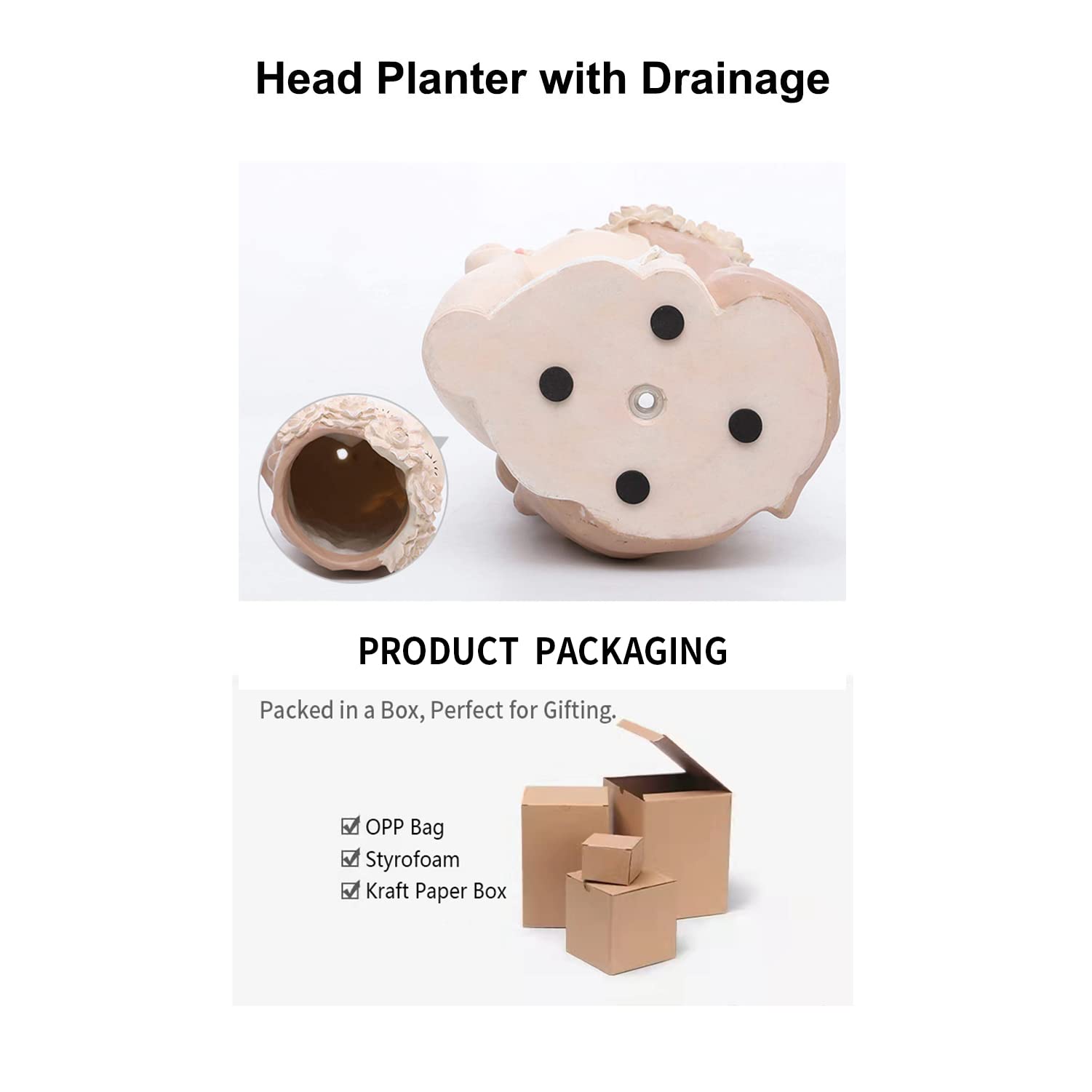 Head Planter Succulent Pots - Cute Resin Face Flower Pot with Drainage for Cactus & Plants - Creative Home & Office Decor Gift for Women & Men (7.3x6.5x10.6 Inch) - Perfect for Indoor Gardens, Desk Decor, and Unique Housewarming Gifts