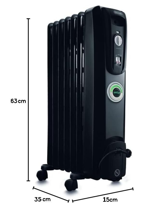 DeLonghi EW7707CBCA 1500W Oil-Filled Radiator Space Heater - Quiet, Adjustable Thermostat, 3 Heat Settings, Energy Efficient, Safety Features, Black - Perfect for Bedroom, Office & Home Heating