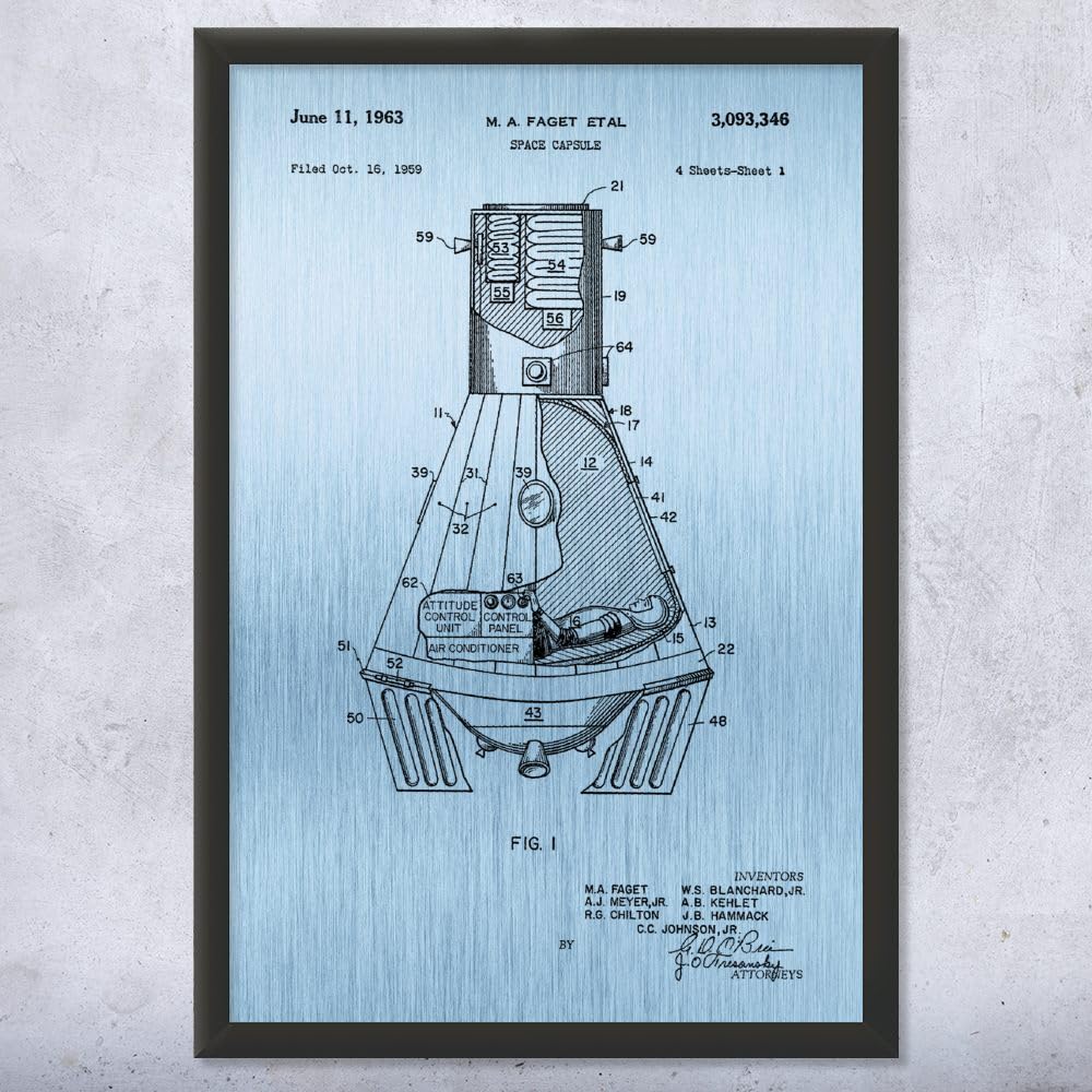 Vintage Mercury Space Capsule Framed Print - NASA Wall Art Decor, Astronaut & Engineer Gift, Perfect for Astrophysics Students & SpaceX Fans - Blue Steel Design (12x16 Inch) - Ideal for Home Office, Classroom & Space Enthusiast Collections