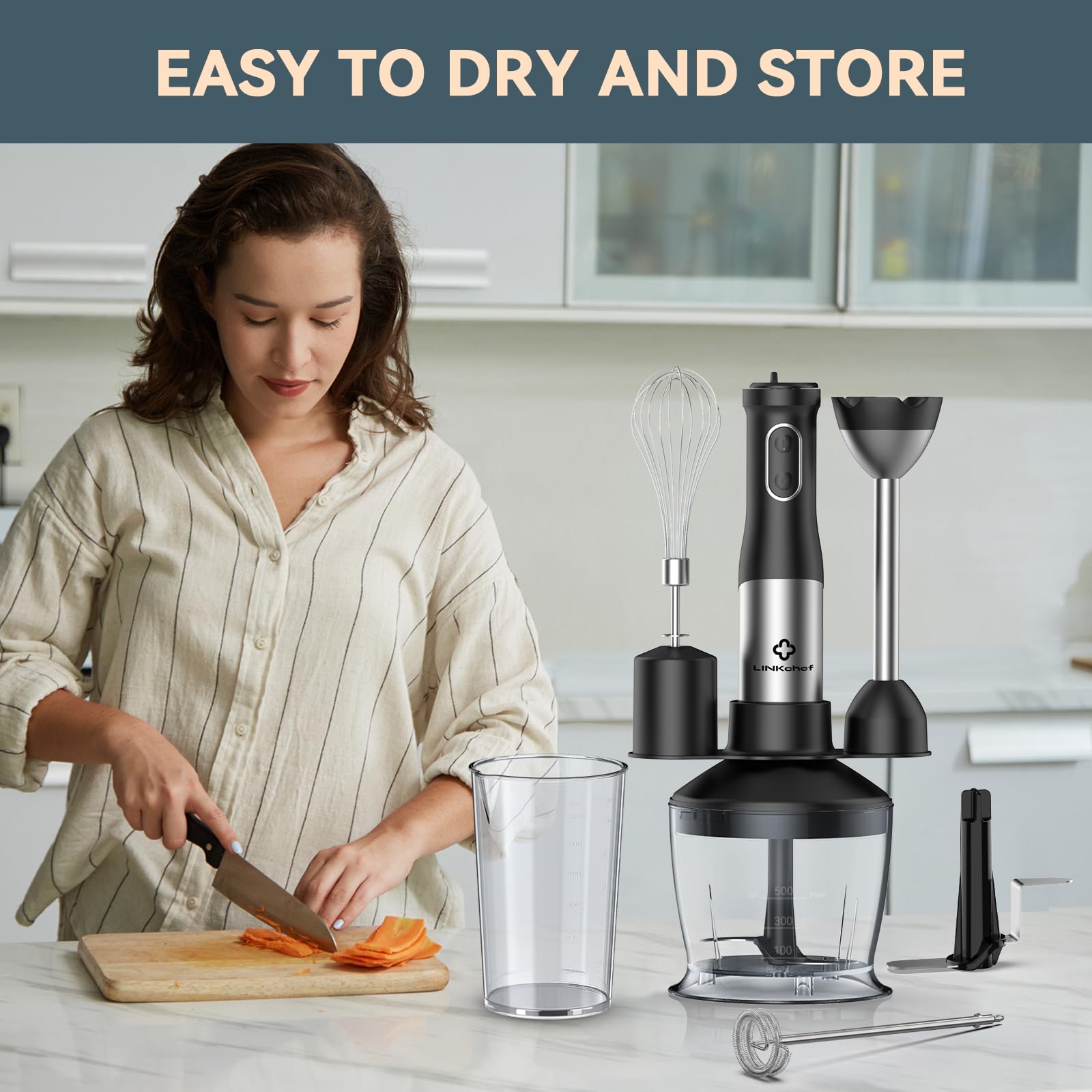 LINKChef 800W 7-in-1 Immersion Blender Handheld - 2 Titanium Steel Blades, 20 Speed & Turbo Mode, Includes Whisk, Milk Frother, Food Processor & Beaker - Perfect for Smoothies, Soups, Sauces & Baking at Home