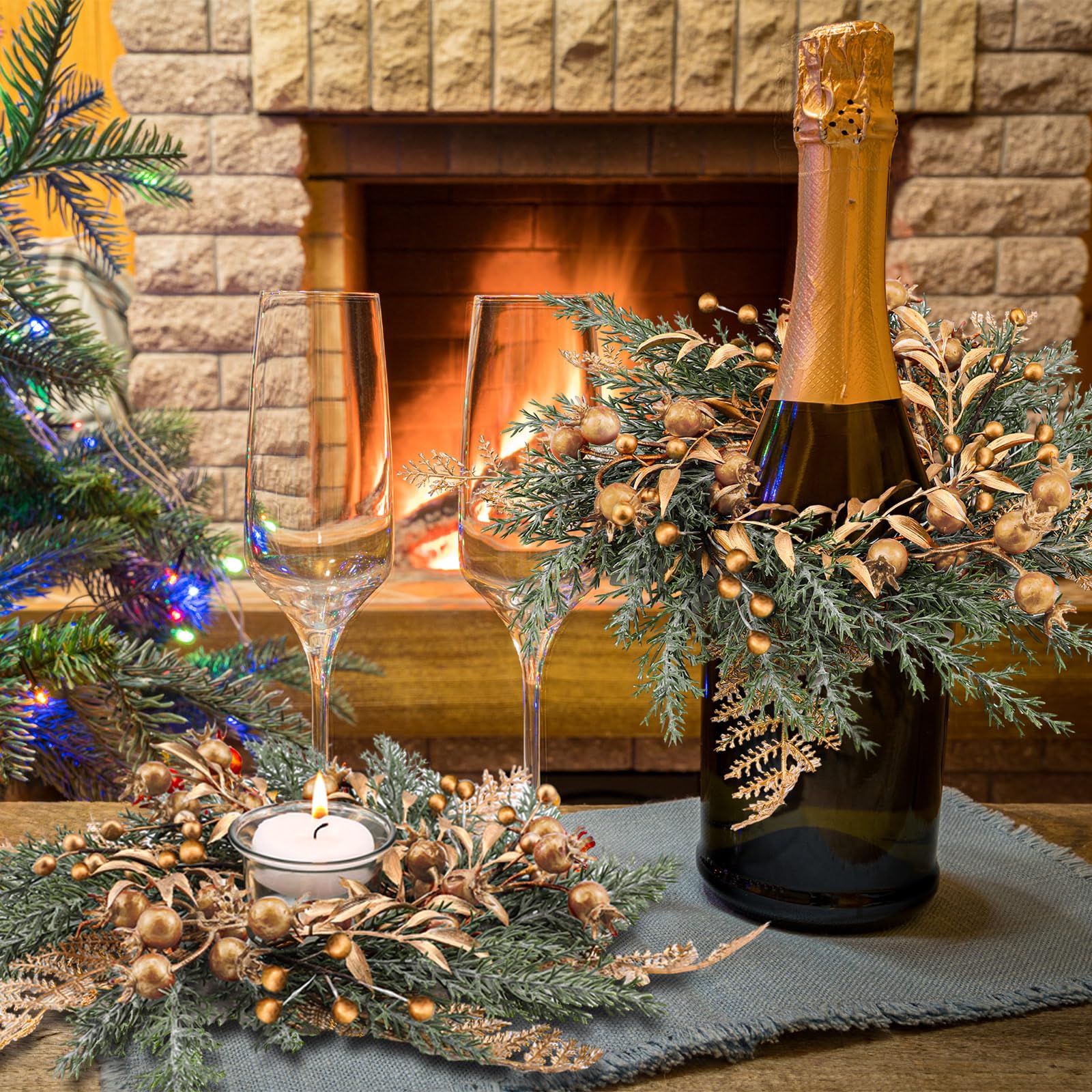 Christmas Candle Rings Wreaths - 6 Pack Artificial Berry Garland Pillar Candle Rings for Table Centerpiece, Kitchen Cabinet Decor, Holiday Home Decor - Perfect for Christmas Dinner, Mantel Decorations and Festive Party Decor