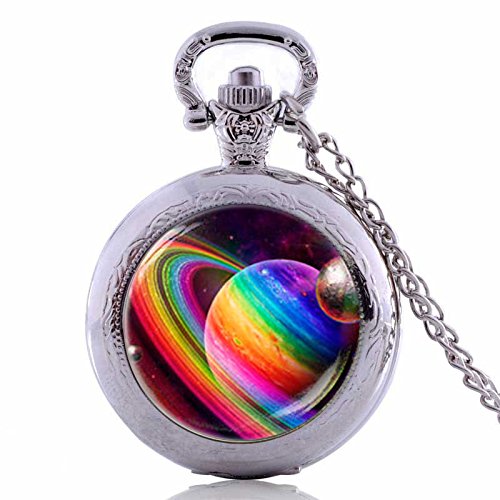 Vintage Rainbow Planet Handmade Pocket Watch Necklace - Pride Art Galaxy Jewelry with Silver Quartz Watch Chain - Perfect for LGBTQ+ Events, Cosplay & Unique Gift Giving