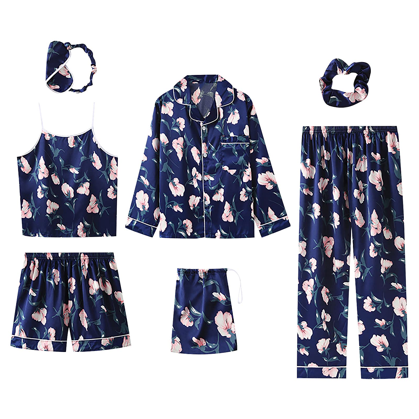 Women's Blue Tulip Silk Pajama Set - 7 Pcs Sleepwear for Lounge & Bed