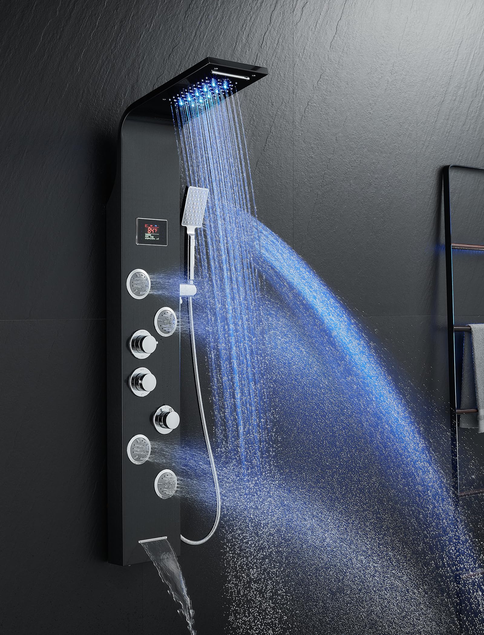 5-in-1 MENATT Shower Tower System with Hydroelectric LED Lights & Digital Display - Rainfall Shower Head, Waterfall Shower, Massage Jets, Tub Spout & Handheld Shower (Black) - Perfect for Modern Bathroom Renovation & Spa-Like Shower Experience