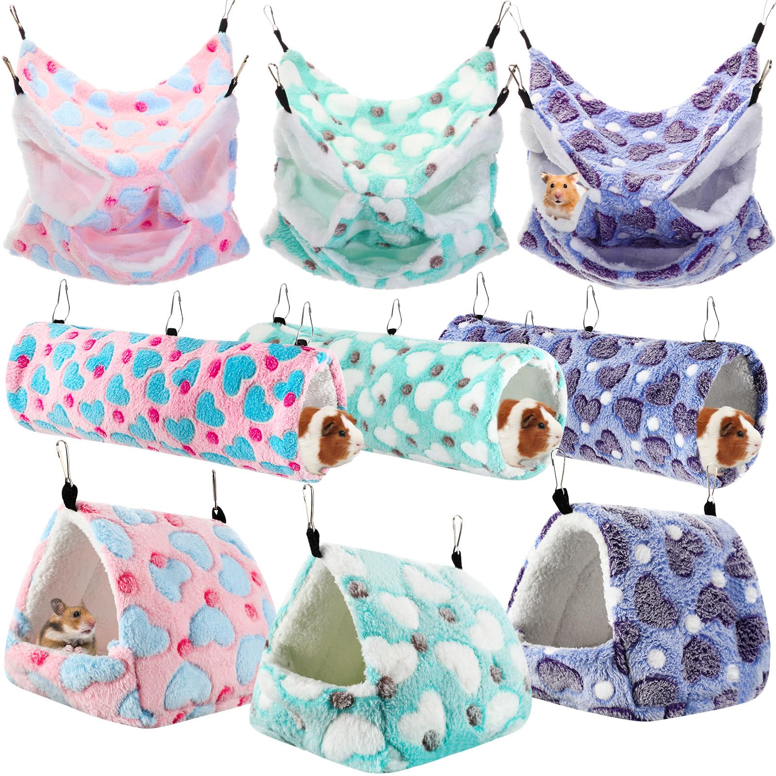 **Abbylike 9-Piece Rat Hammock Set - Guinea Pig & Ferret Hanging Tunnel, Glider Toy, Hideout Bed - Small Pet Cage Accessories for Hamsters (Green, Purple, Pink, Heart) - Perfect for Playtime & Cozy Napping**