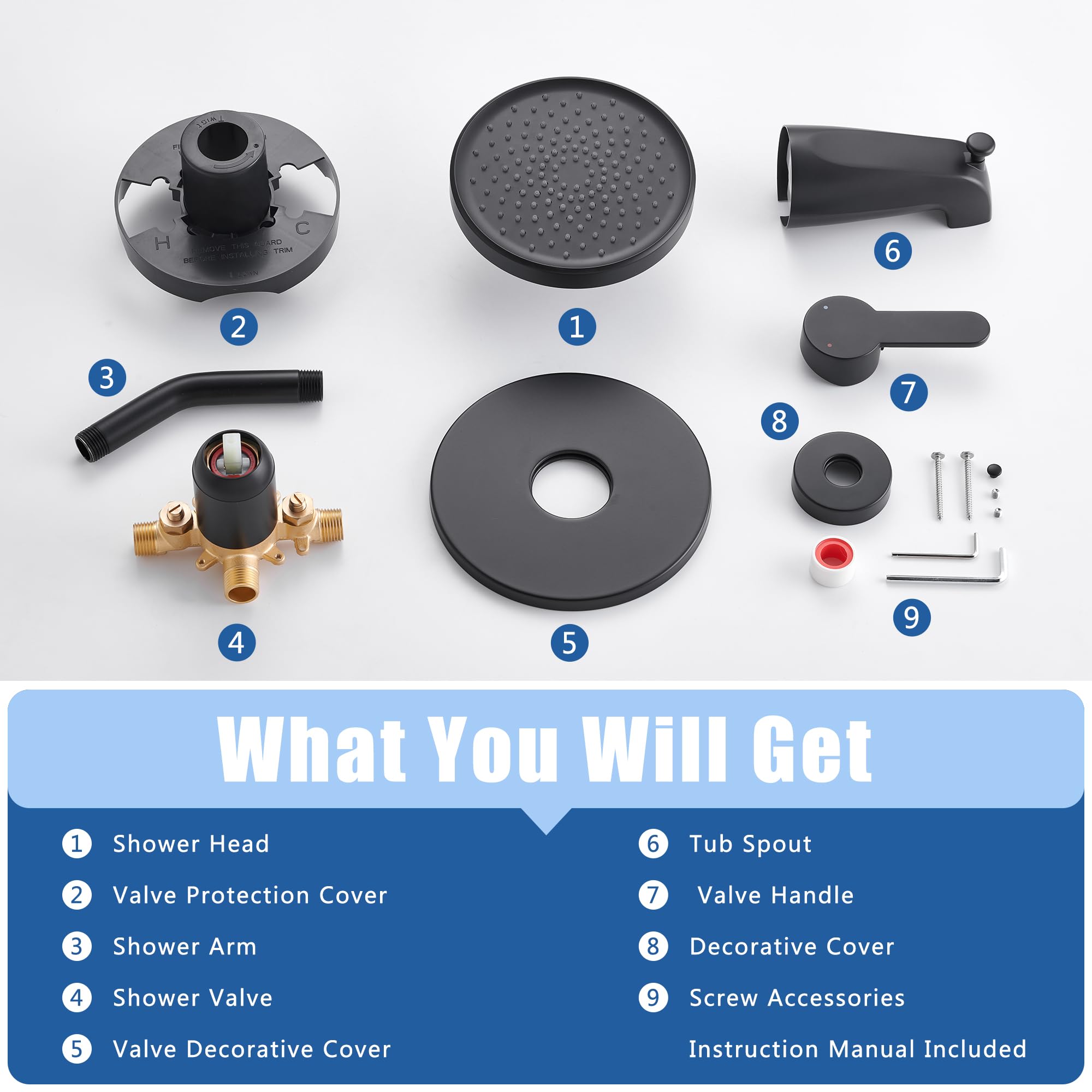 Tohlar Matte Black Shower Faucet Set - 6 Inch Rainfall Shower Head with Single Handle Valve, Tub Spout & Trim Kit for Bathroom Remodel | Modern Bathroom Upgrade for Spa-Like Experience