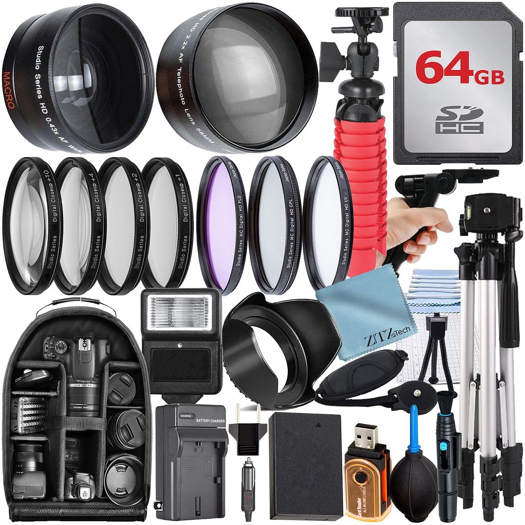 Canon EOS R50 R100 M5 M6 Mark II M6 R10 Camera Accessory Kit - 49mm Wide Angle Lens, LP-E17 Battery, 64GB SD Card, Charger, Backpack, Tripod, Flash (28-Piece Bundle) for Travel, Vlogging & Photography