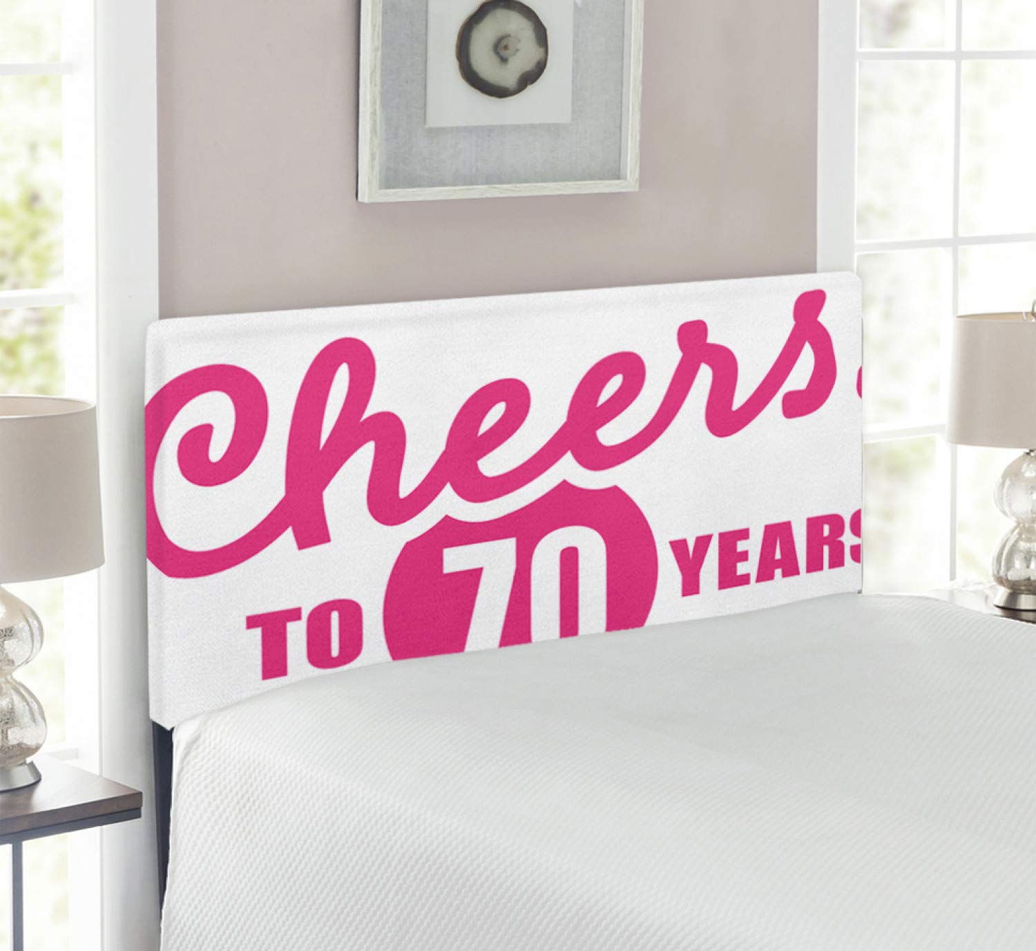 Ambesonne 70th Birthday Headboard - Cheers to 70 Years Calligraphy Design, Upholstered Metal Bed Frame with Memory Foam, Twin Size in Hot Pink & Black - Perfect for Birthday Party Decorations & Bedroom Makeovers