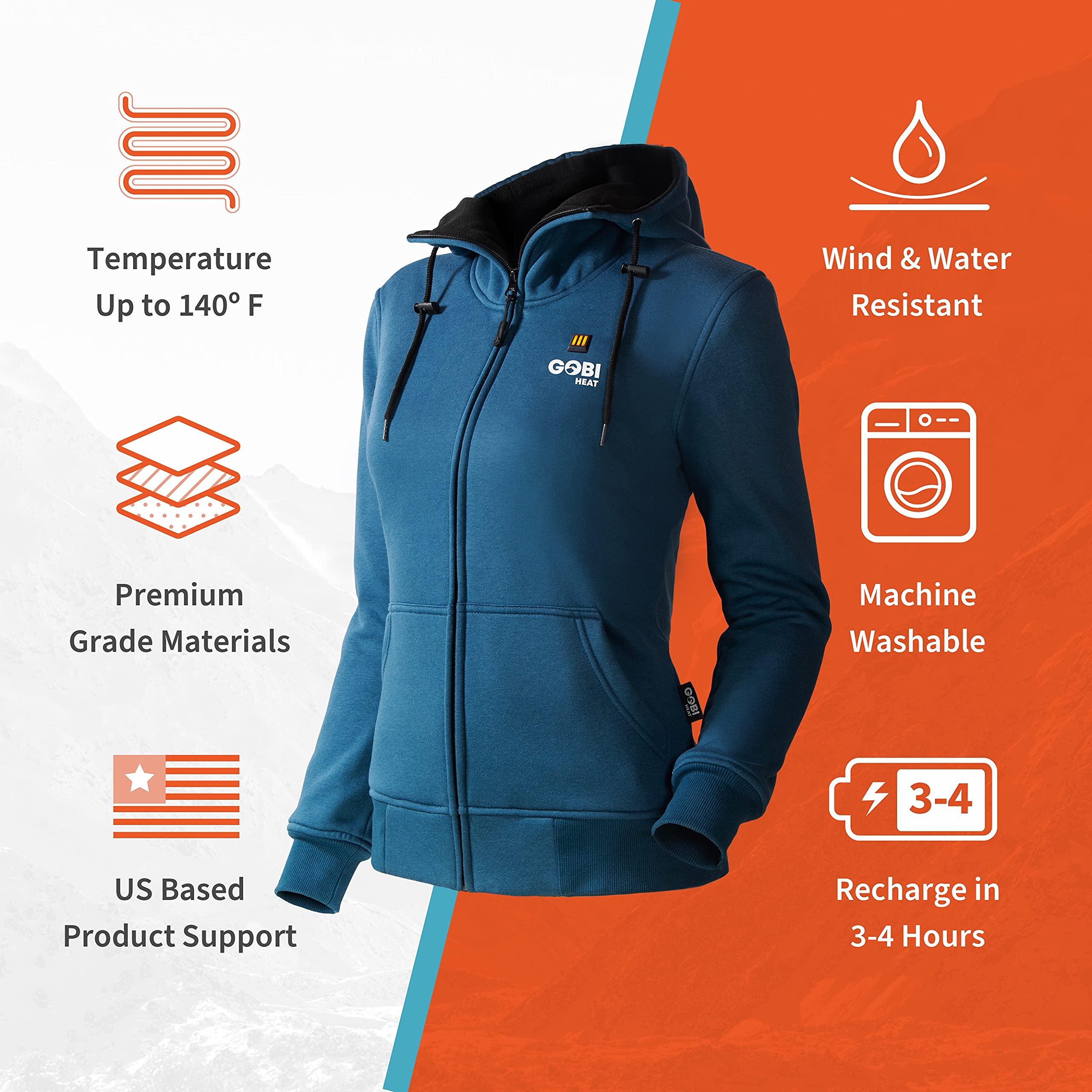 Ridge Women's Heated Hoodie Jacket - 10 Hours Battery Powered Heating | USB Rechargeable with Included Battery Pack | Machine Washable | Perfect for Winter Outdoor Activities, Camping & Hiking