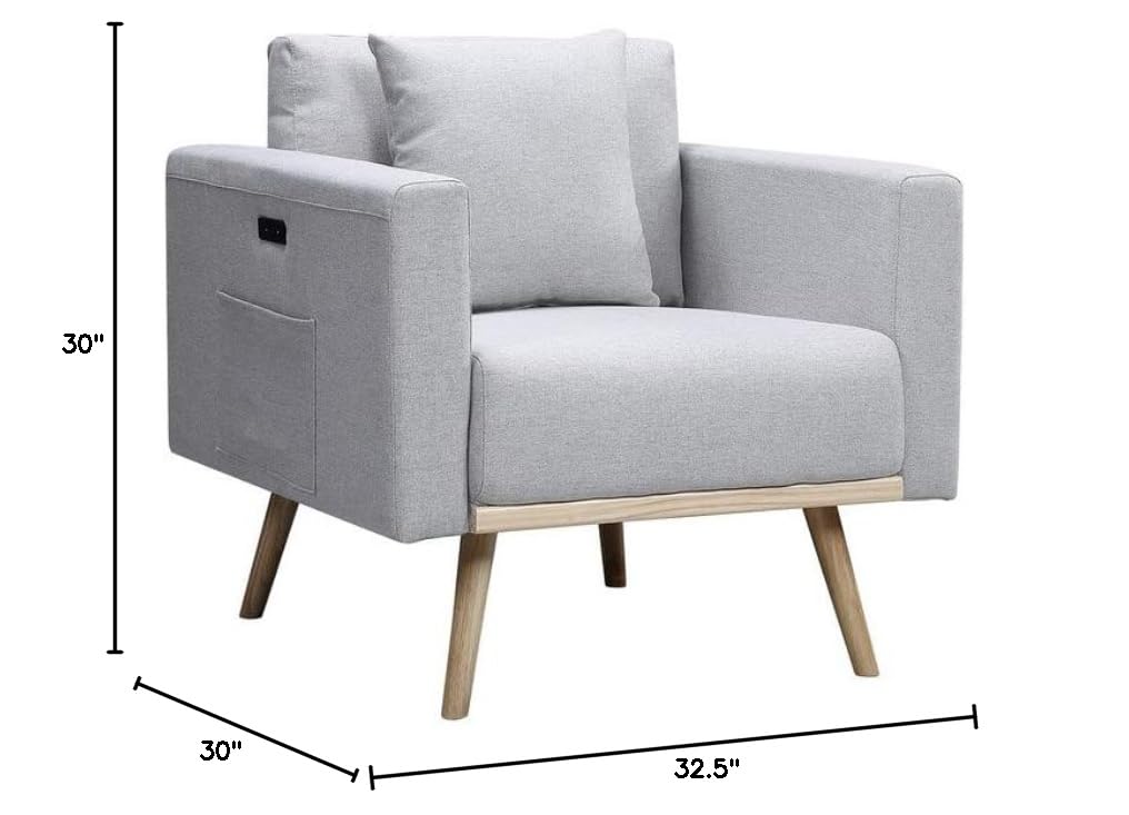 Lilola Home Easton Light Gray Linen Fabric Chair with USB Charging Ports, Side Pockets & Removable Pillows - Modern Living Room, Office, Dorm Room Seating Solution