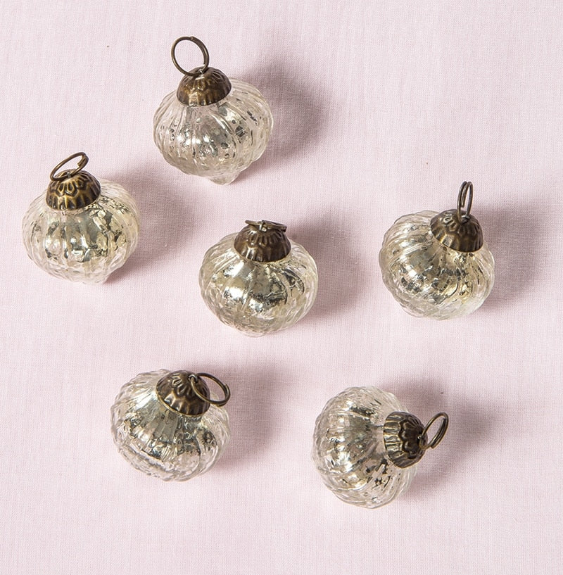 6 Pack Mercury Glass Mini Ornaments - 1.5 Inch Silver Vintage Christmas Decorations (Tania Design) | Perfect for Holiday Tree, Gift Topper, Home Décor & Party Favors