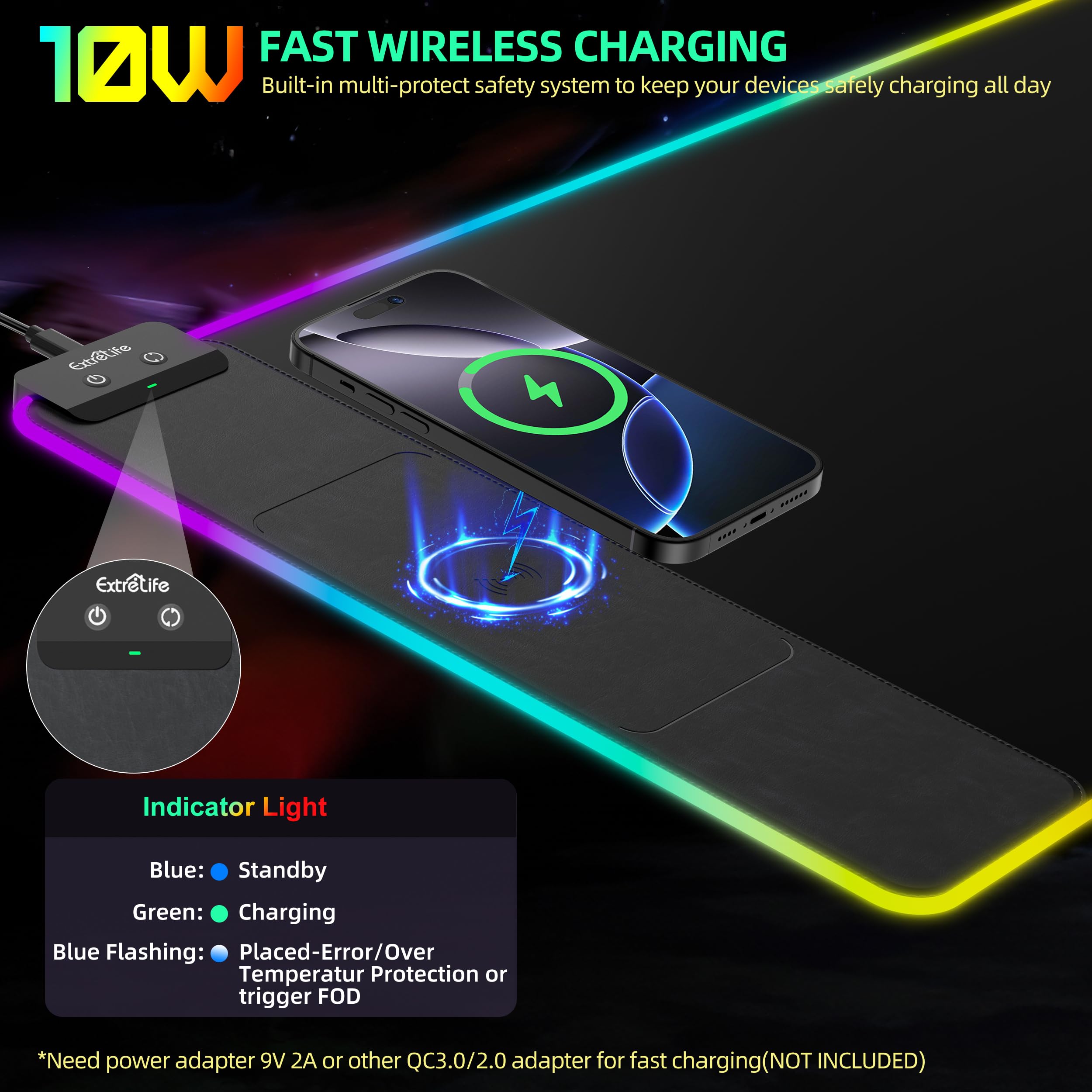 Wireless Charging RGB Gaming Mouse Pad - Large 800x400x4mm Ultra-Smooth Non-Slip Desk Mat with Waterproof Surface for PC, Office & Gaming Setup - Perfect for Esports, Work & Home Computer Use