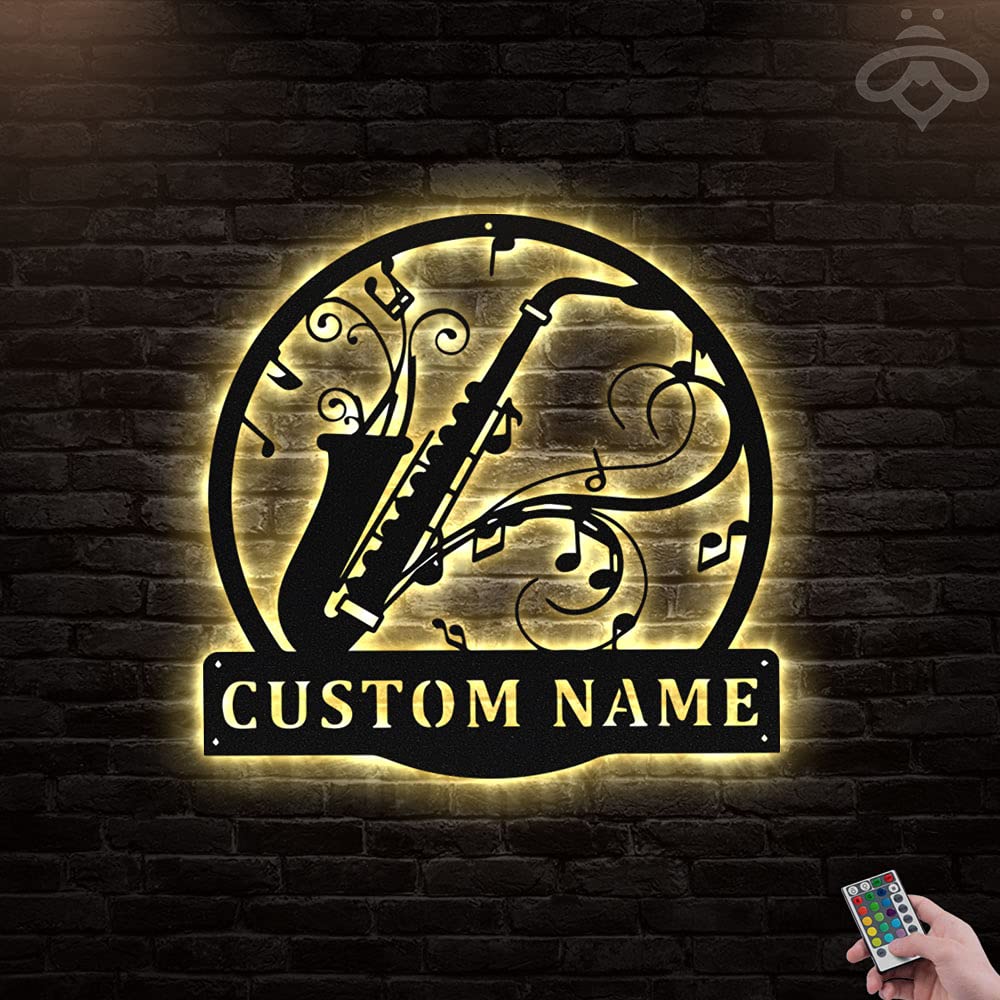 Custom Saxophone Metal Wall Art with LED Lights - Personalized Saxophone Player Black Metal Sign for Living Room, Outdoor Decor - Unique Home Gift for Musicians (18x18 Inches, Without Lights) - Perfect for Jazz Lovers, Music Studio Decor & Saxophonist Birthday Gifts