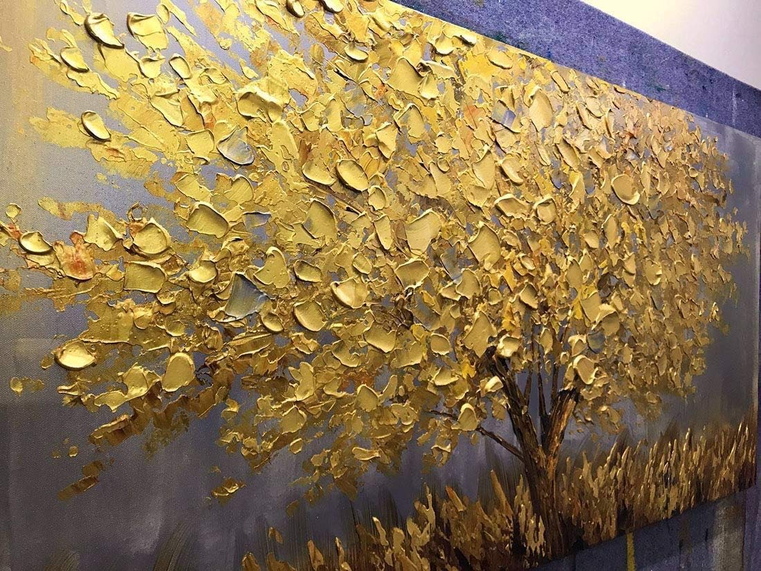 Hand Painted Landscape Flower Oil Painting on Canvas - Abstract Palette Knife Gold Tree Blossom Wall Art - 24x48 Inch Stretched Ready to Hang - Perfect for Living Room, Bedroom & Office Decor