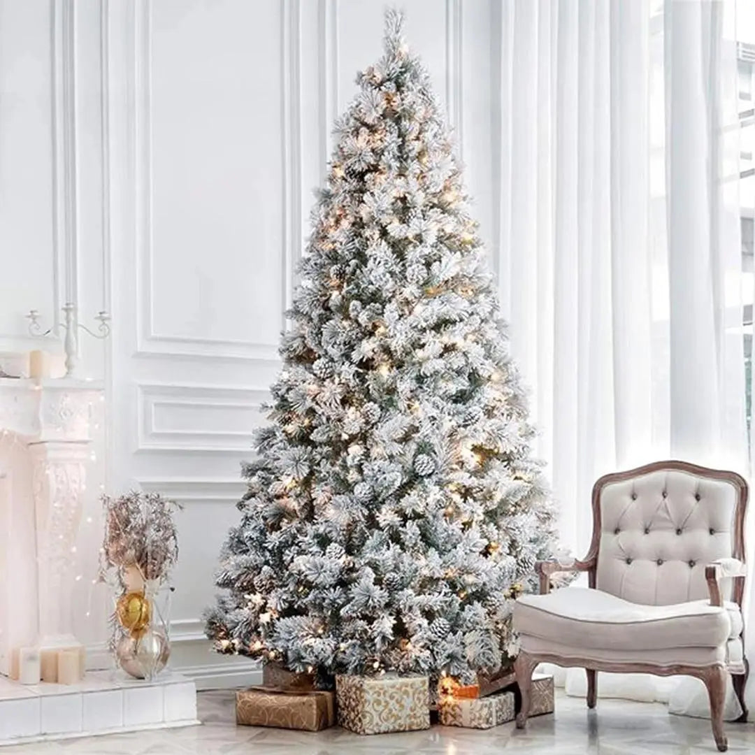 6.5'/7.5'/9' Flocked Artificial Christmas Tree with Pine Cones & Metal Stand - Hinged Branches for Easy Setup - Perfect for Living Room, Office, or Holiday Decorations