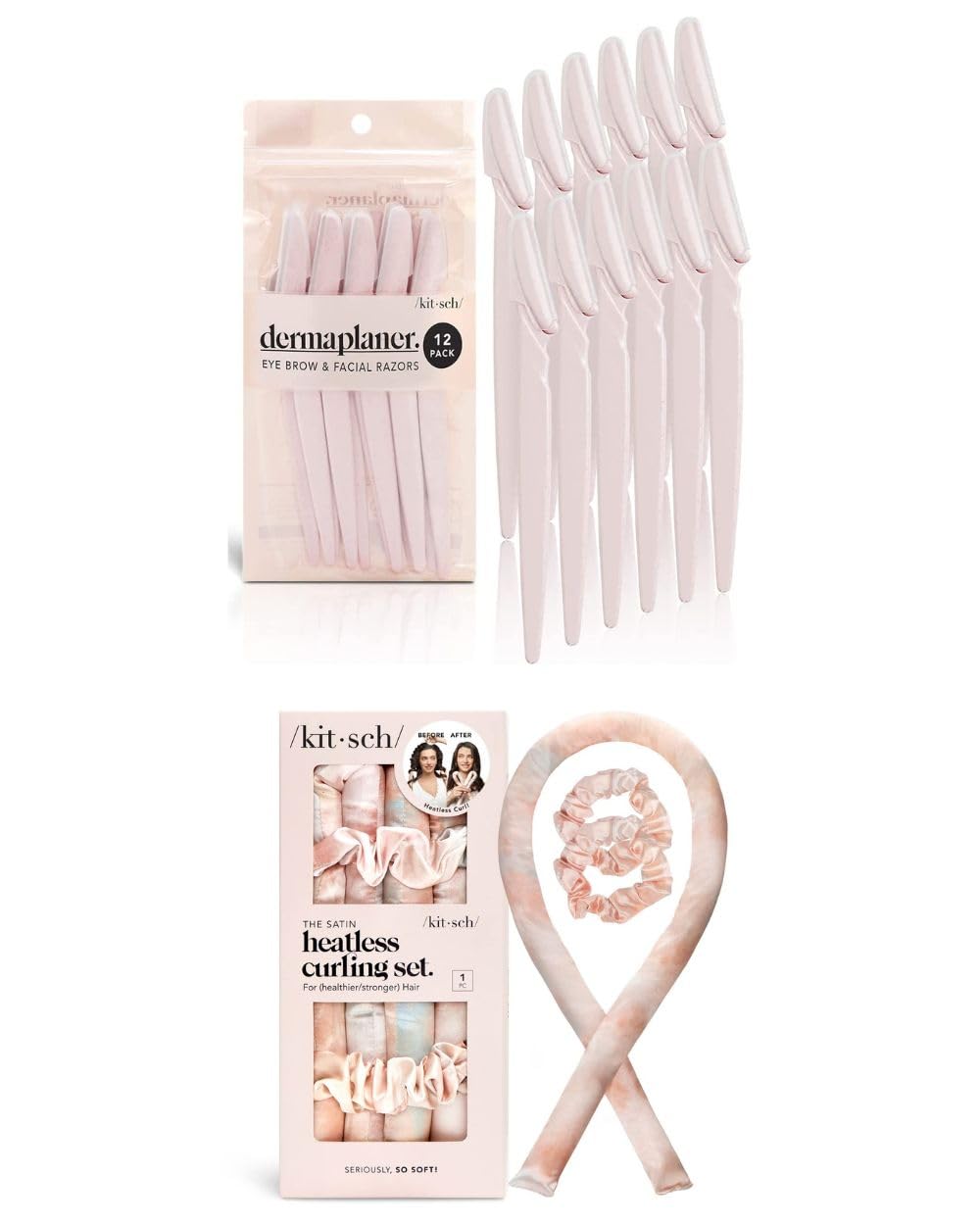 Kitsch Dermaplaning Tool & Satin Heatless Curling Set for Hair Removal & Natural Waves | At-Home Facial & Styling Kit | Perfect for Travel & Daily Beauty Routine