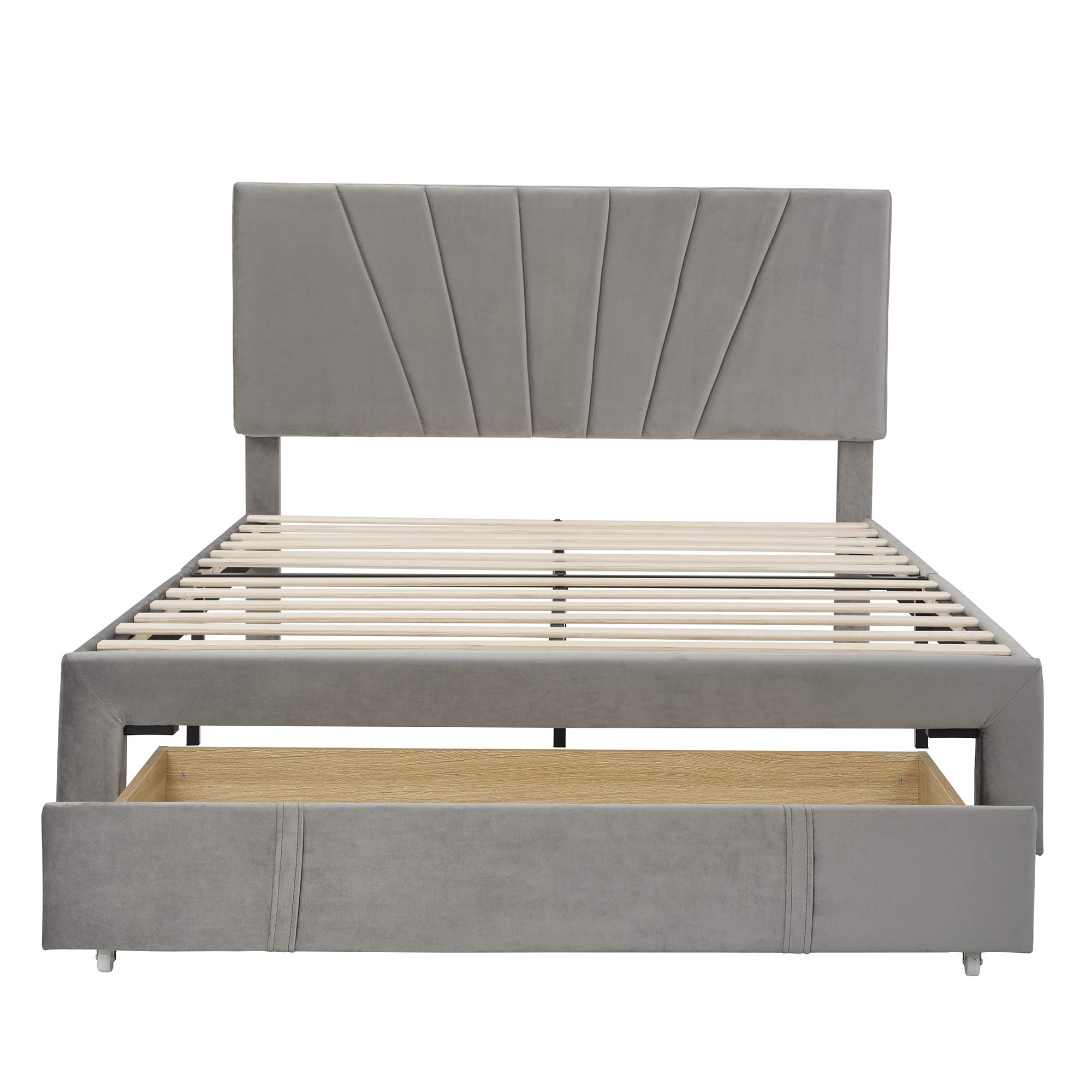 LoLado Queen Size Platform Bed Frame with Storage Drawers - Velvet Upholstered Bed for Kids, Teens & Adults in Grey - Perfect for Small Bedrooms & Modern Home Decor