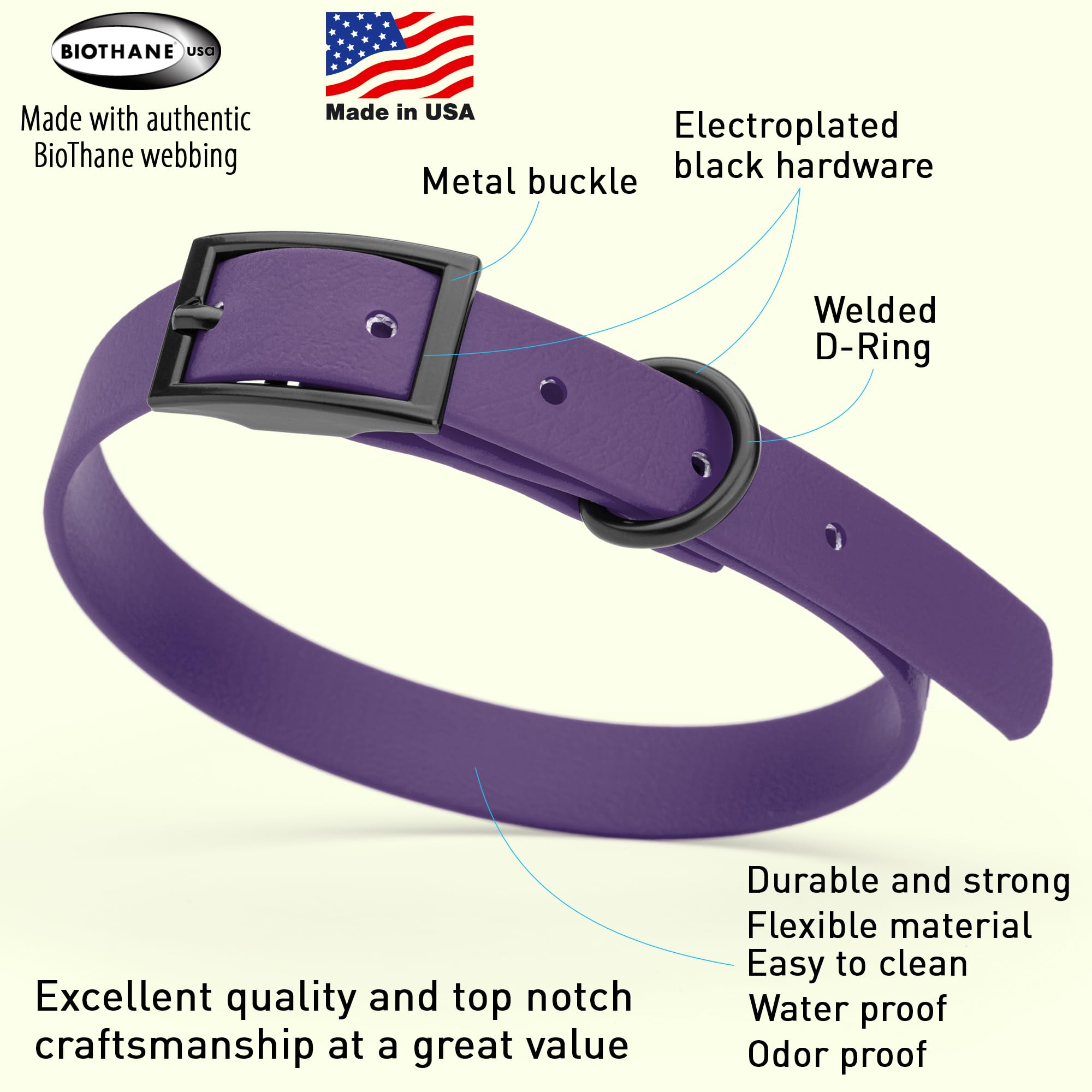 Premium Waterproof Biothane Dog Collar - Heavy Duty Coated Nylon Webbing with Black Hardware | Odor-Resistant, Easy to Clean & Low Maintenance | Perfect for Small, Medium & Large Dogs | Violet Purple | Ideal for Swimming, Hiking & Outdoor Adventures