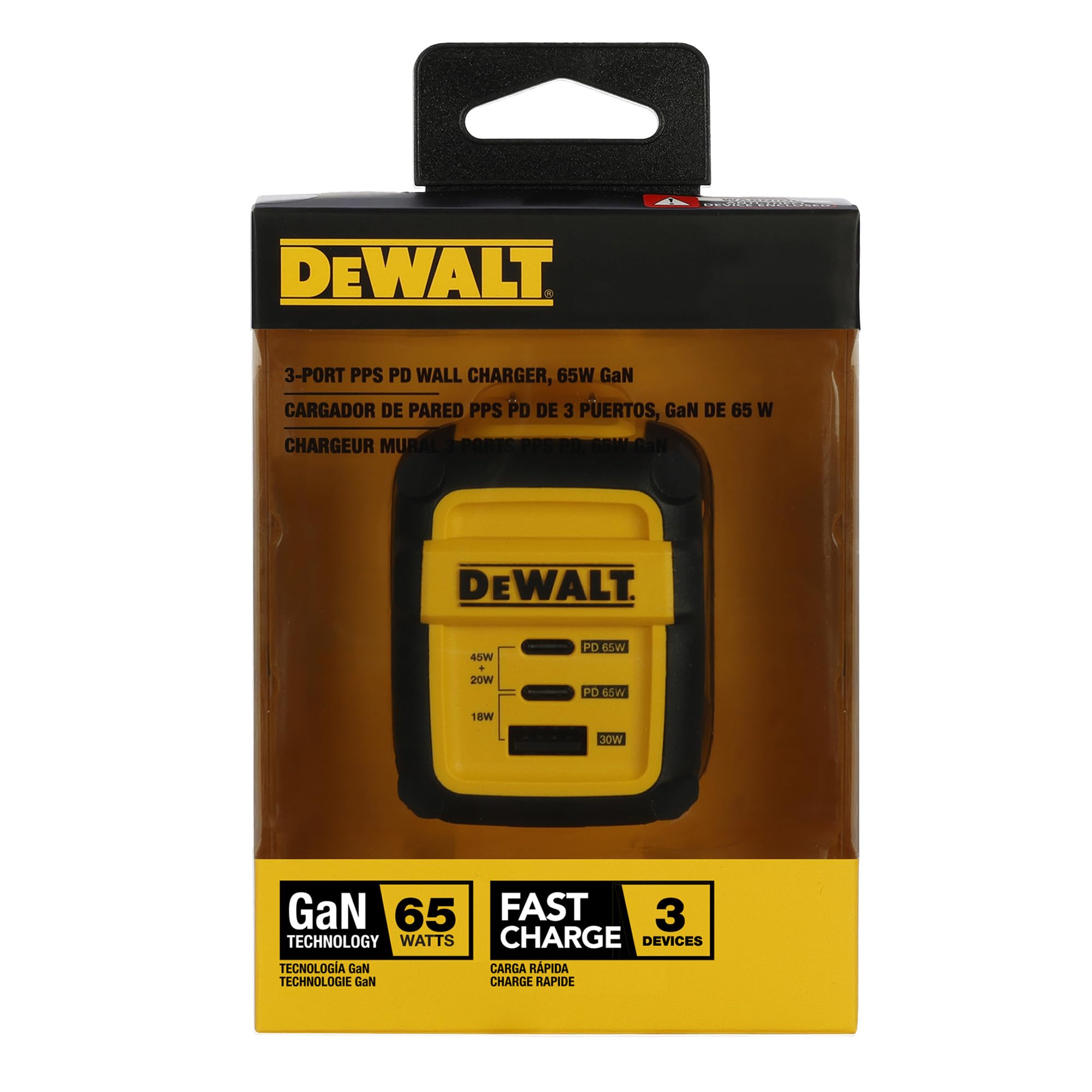 DEWALT 65W GaN USB C Fast Charger with PPS - 3-Port Compact Foldable Wall Charger for MacBook Pro/Air, iPad Pro, Galaxy S23, Dell XPS 13, iPhone 15/Pro, Steam Deck - Perfect for Travel, Office & Home Charging
