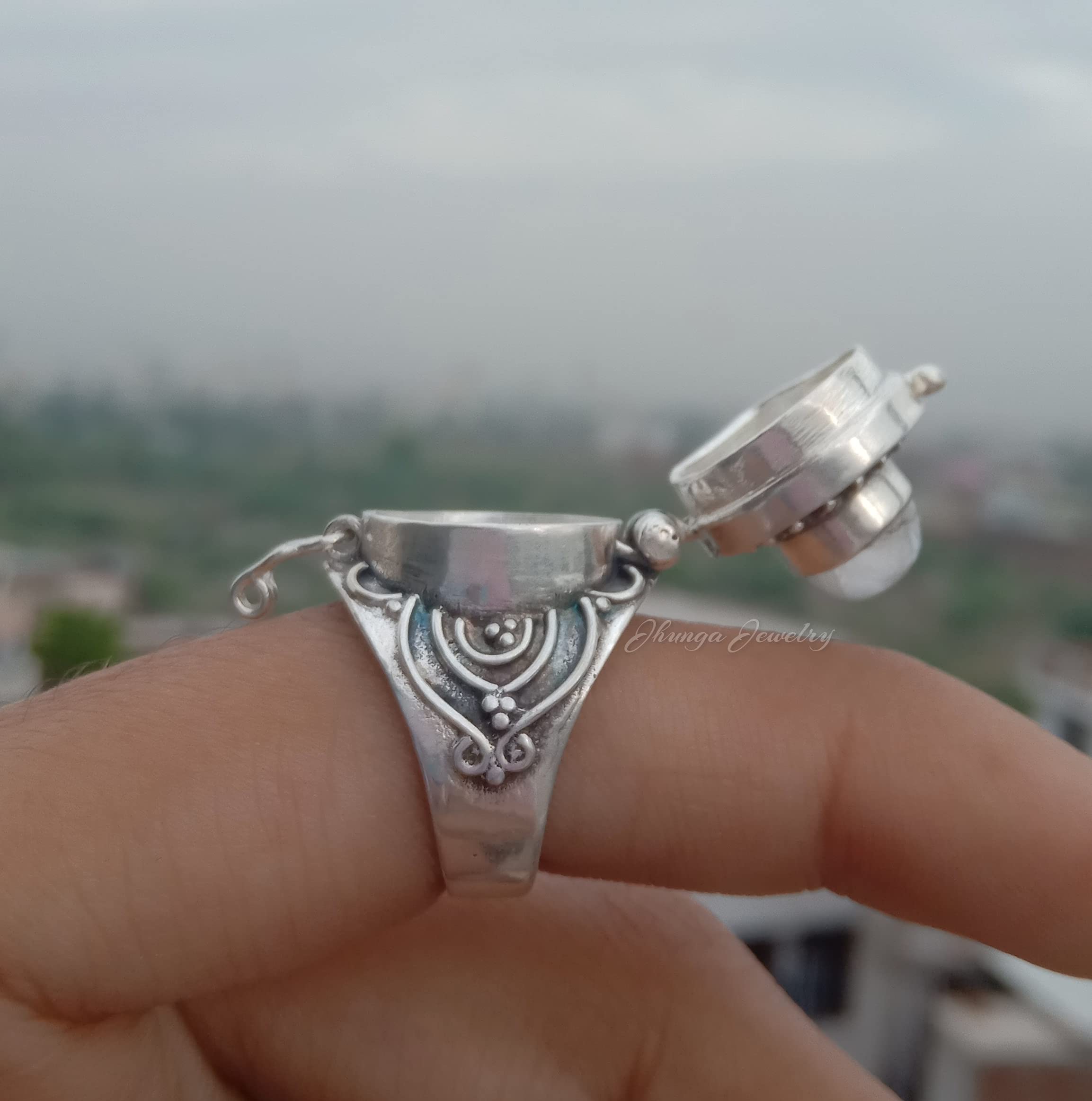Handmade 925 Sterling Silver Rainbow Moonstone Poison Ring - Secret Box Ring with Amethyst, Openable Medicine & Pill Box Ring for Gothic Fashion, Cosplay & Unique Jewelry Gifts