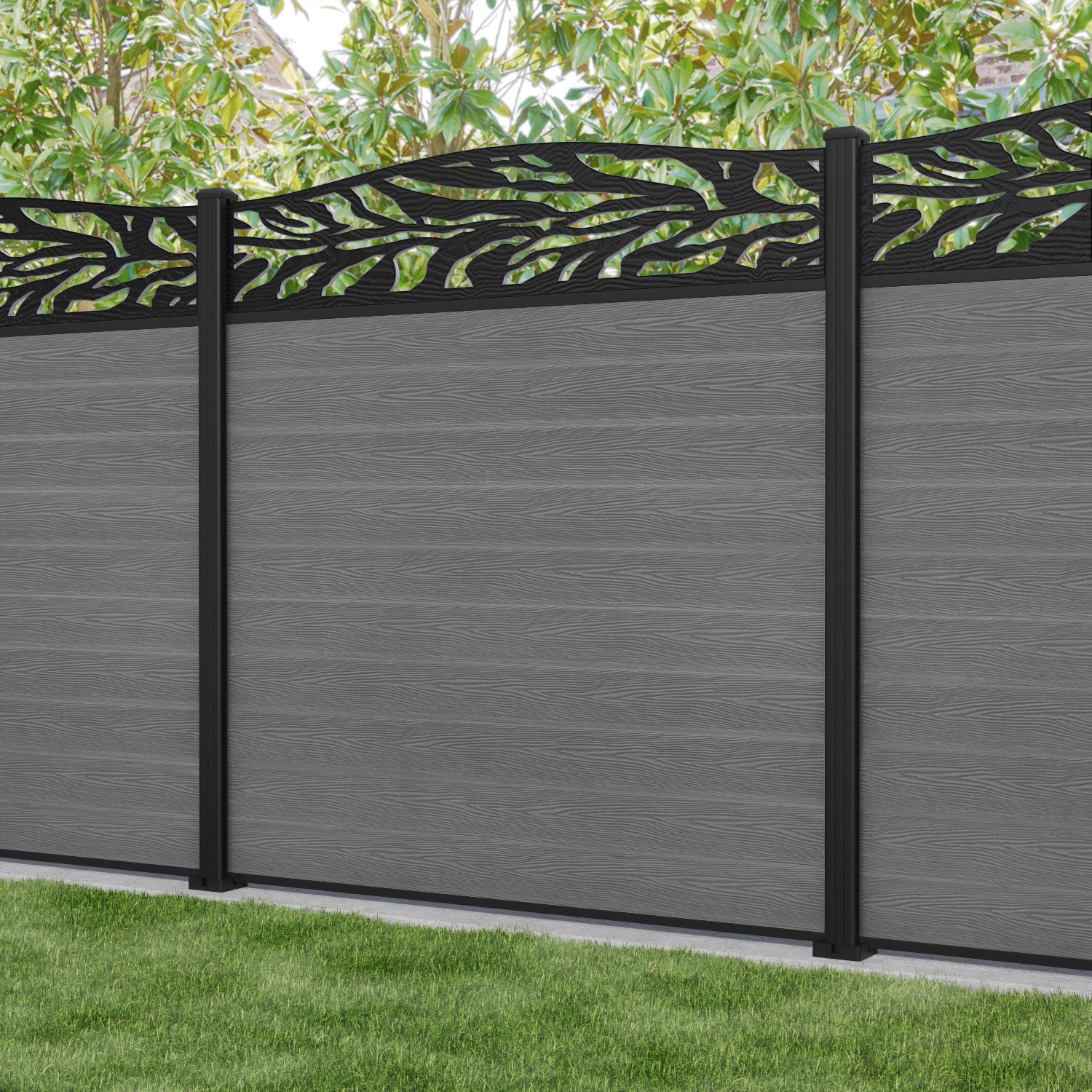 Classic Malawi Curved Top Fence Panel - Mid Grey with Aluminum Posts | Durable Garden Fencing for Backyard Privacy & Decoration