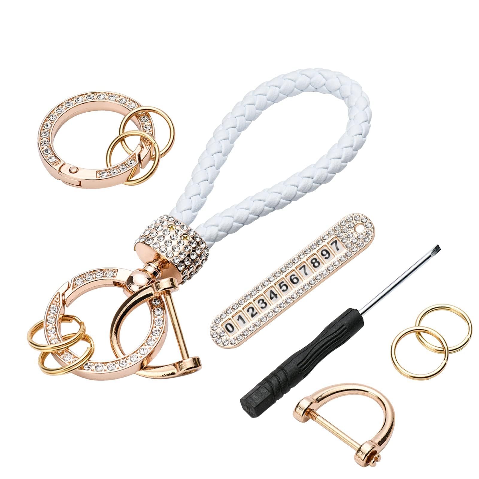 Anti-Lost Car Keychains with Phone Number - Leather Woven Keychain Accessories with Bling Rhinestones - Perfect for Car Keys, House Keys & Gift Giving
