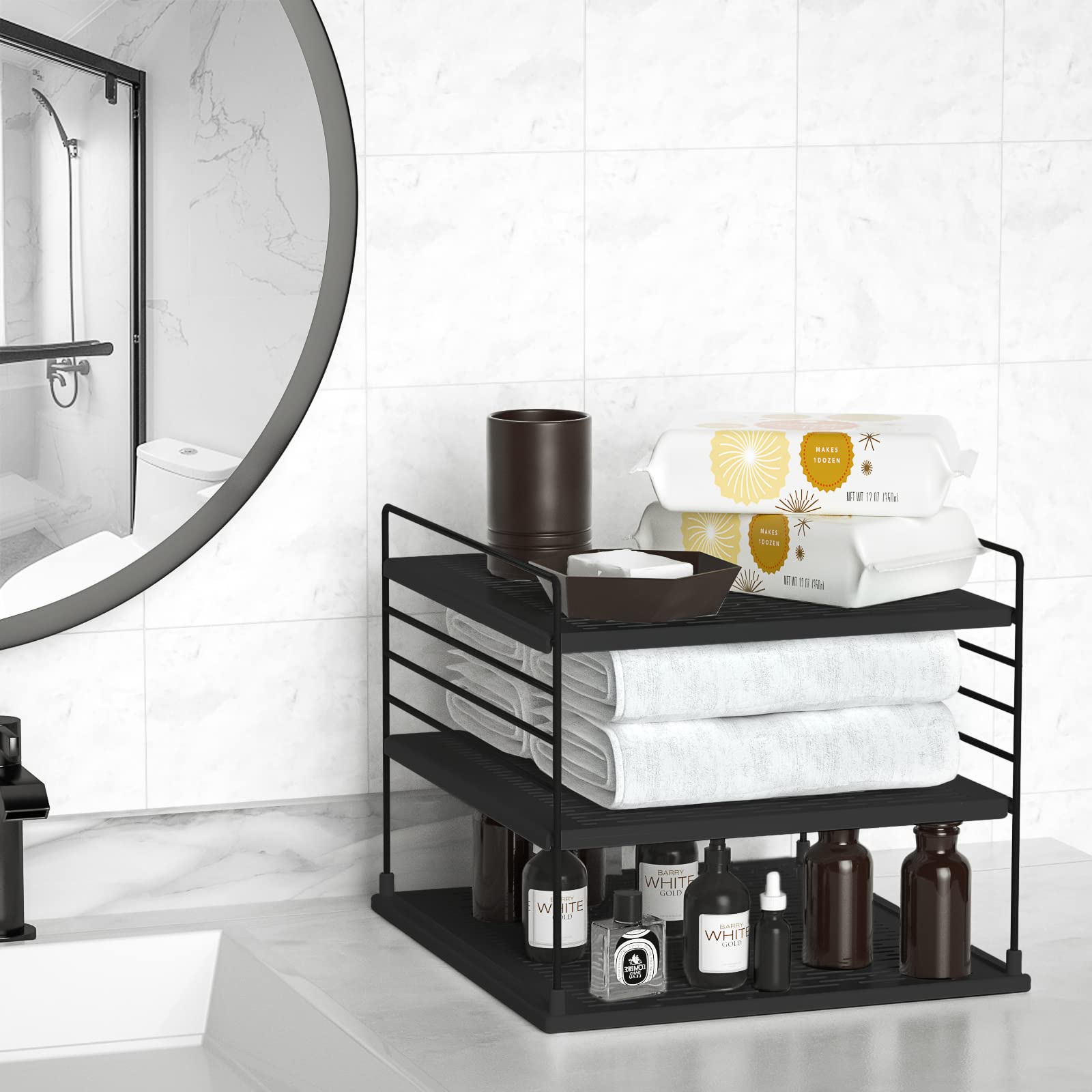 Premium Kitchen Cabinet Organizers & Storage Bins - Divided Compartment Holder for Plastic Bags, Wraps, Foil, Snacks & Boxes | Pantry & Kitchen Organization Solution (Black) | Perfect for Clutter-Free Countertops, Drawer Storage & Meal Prep Organization