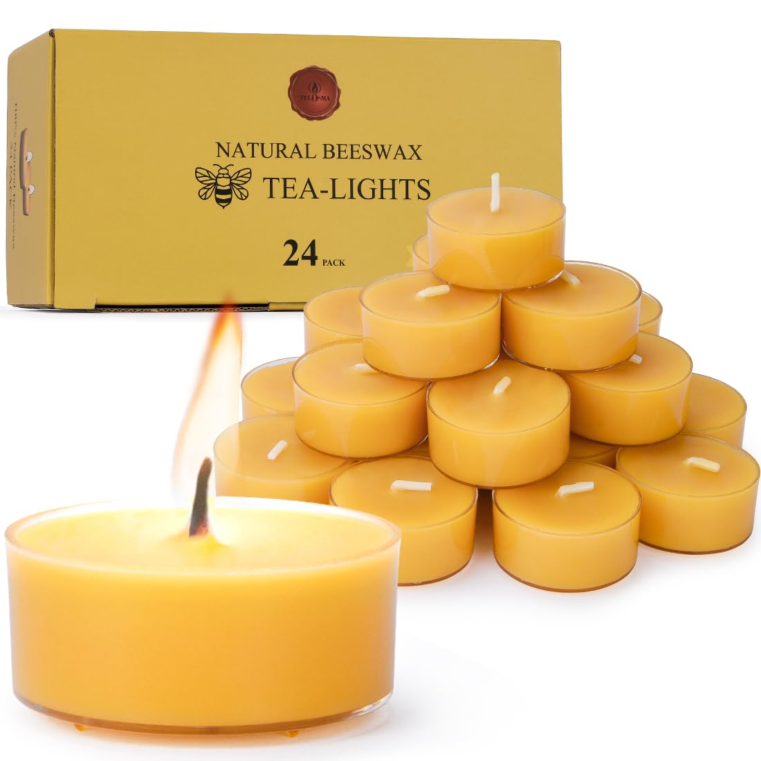 Organic Natural Yellow Beeswax Tealights - 24 Pack | Clean Burning, Smokeless, Eco-Friendly Candles for Home, Spa, Meditation & Romantic Ambiance