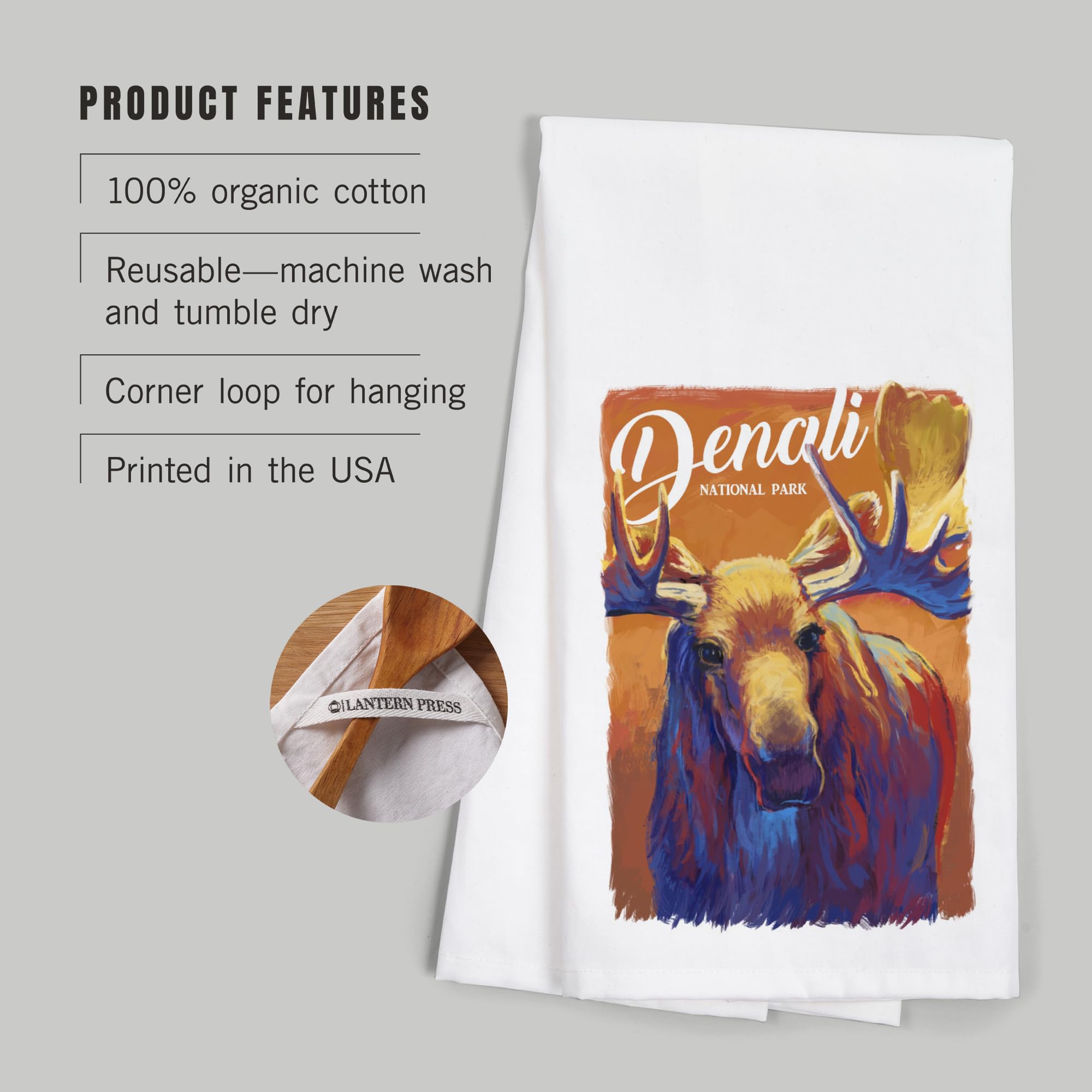 Lantern Press Denali National Park Moose Print 100% Cotton Tea Towel - Decorative Kitchen Hand Towel for Home Decor & Dish Drying | Perfect for Camping Gifts, Cabin Decor & Rustic Kitchen Accessories